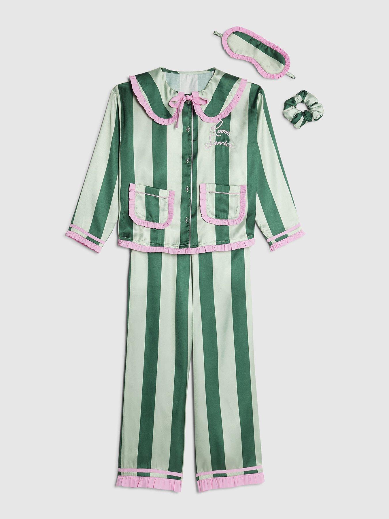 Image 2 of 5 of River Island Older Girls Nephthys Stripe Satin Pyjamas - Green