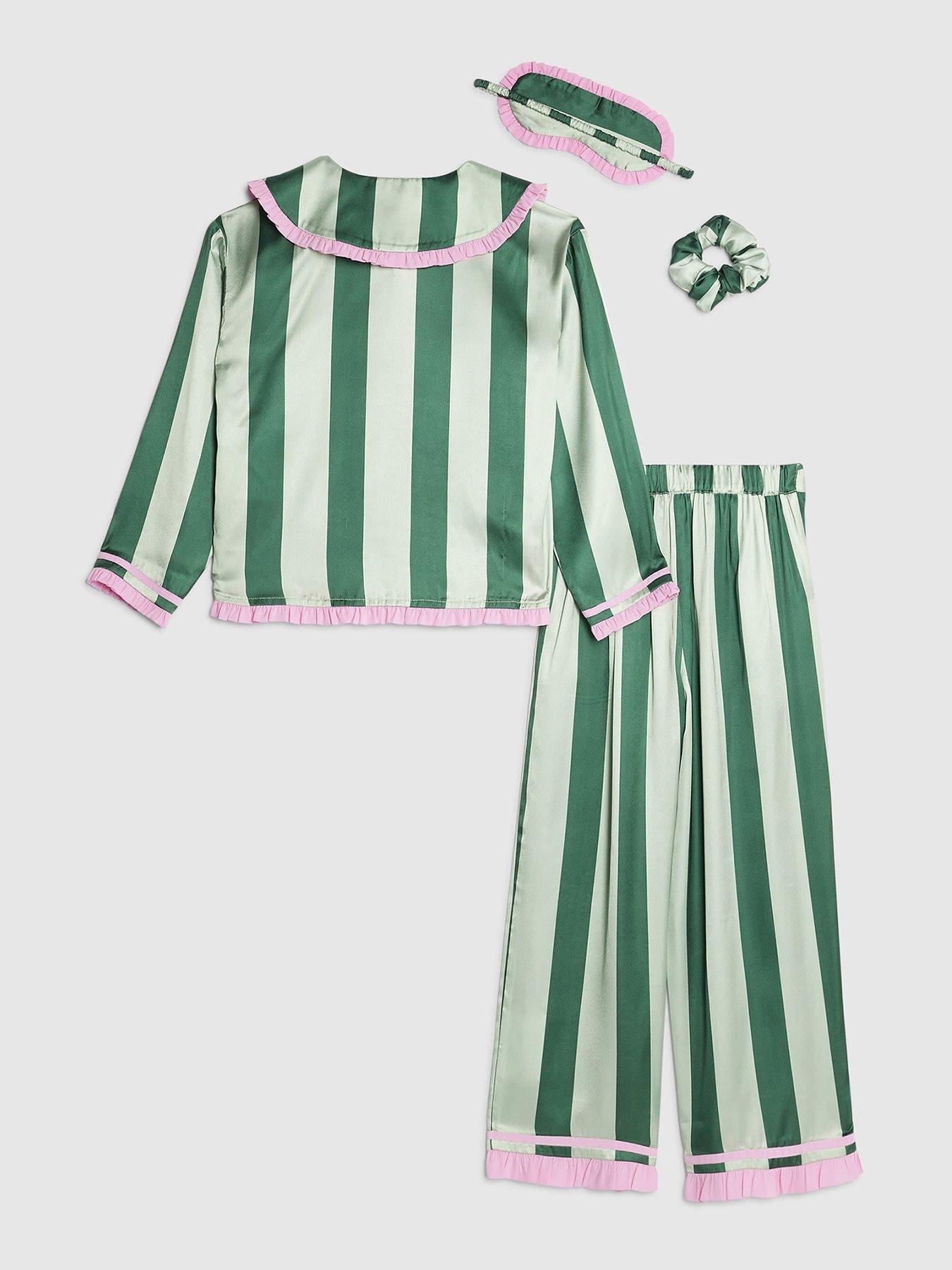 Image 3 of 5 of River Island Older Girls Nephthys Stripe Satin Pyjamas - Green
