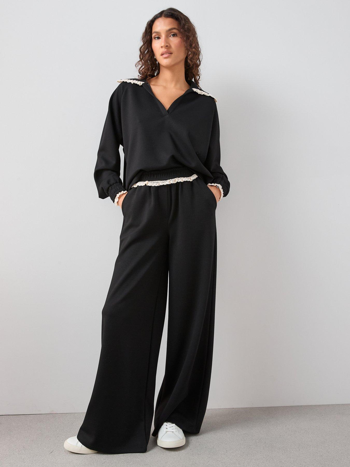 The Very Collection Wide Leg Lace Trim Joggers Co-Ord - Black
