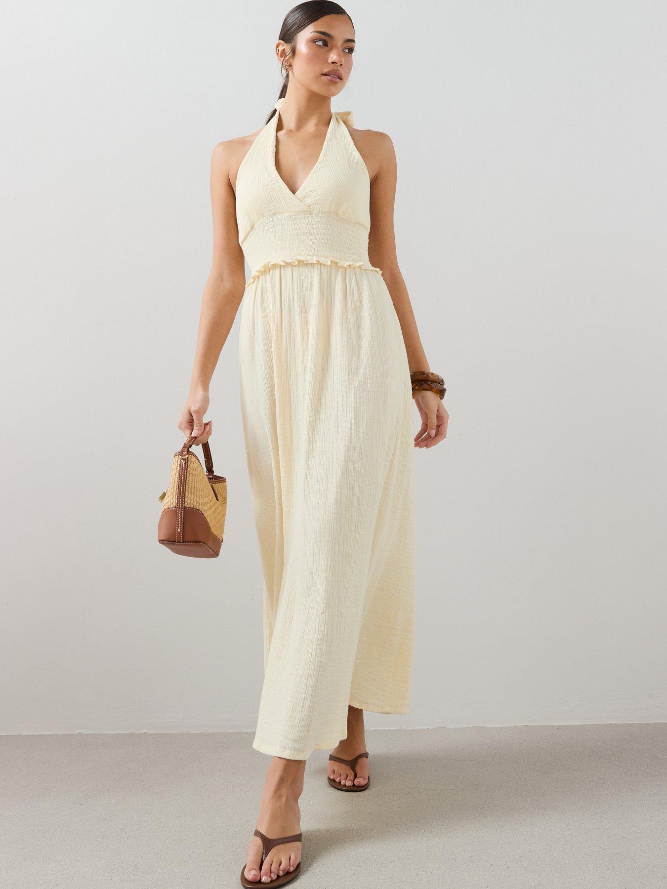 Image 1 of 7 of The Very Collection Cheese Cloth Halter Neck Ruched Midaxi Dress - Yellow