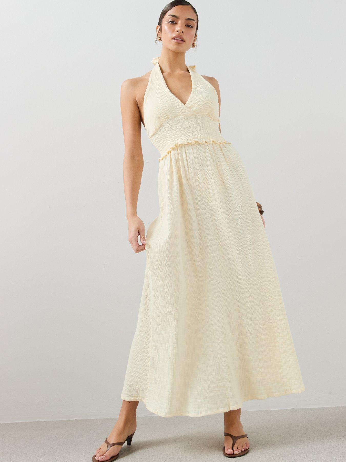 Image 3 of 7 of The Very Collection Cheese Cloth Halter Neck Ruched Midaxi Dress - Yellow