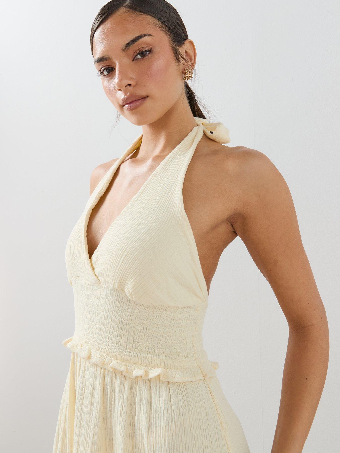 Image 4 of 7 of The Very Collection Cheese Cloth Halter Neck Ruched Midaxi Dress - Yellow