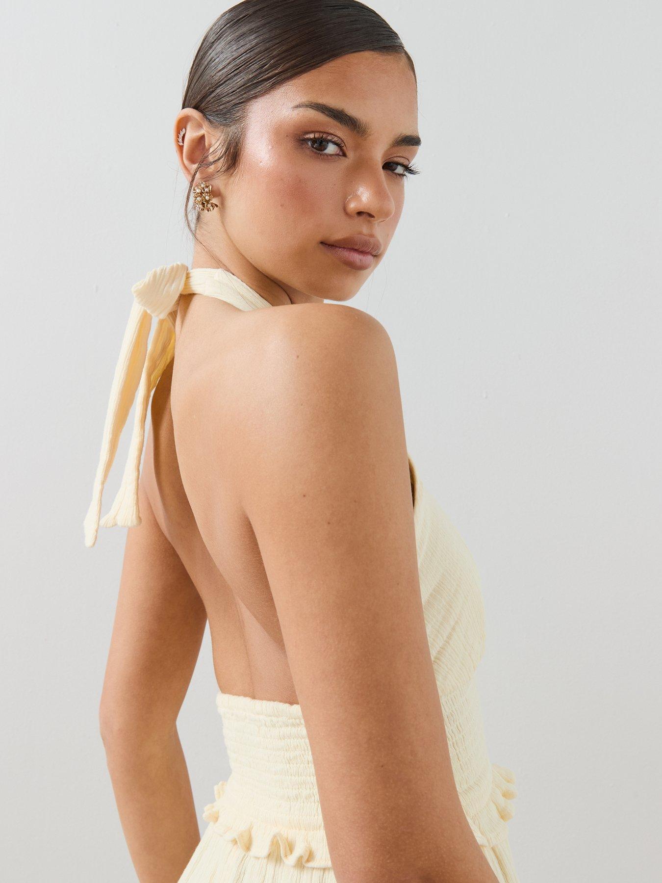 Image 5 of 7 of The Very Collection Cheese Cloth Halter Neck Ruched Midaxi Dress - Yellow