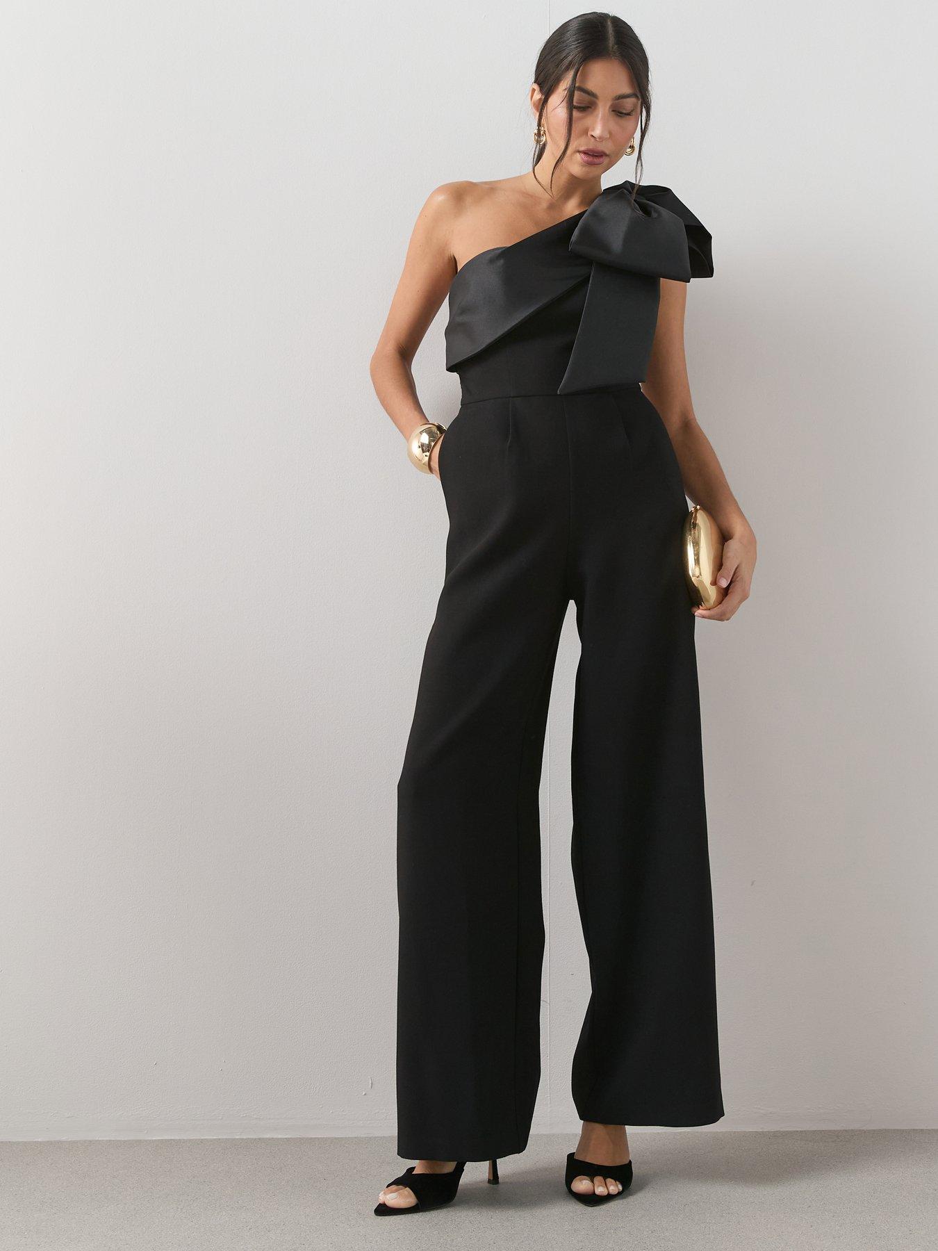 Image 1 of 6 of The Very Collection Bow Detail One Shoulder Jumpsuit - Black