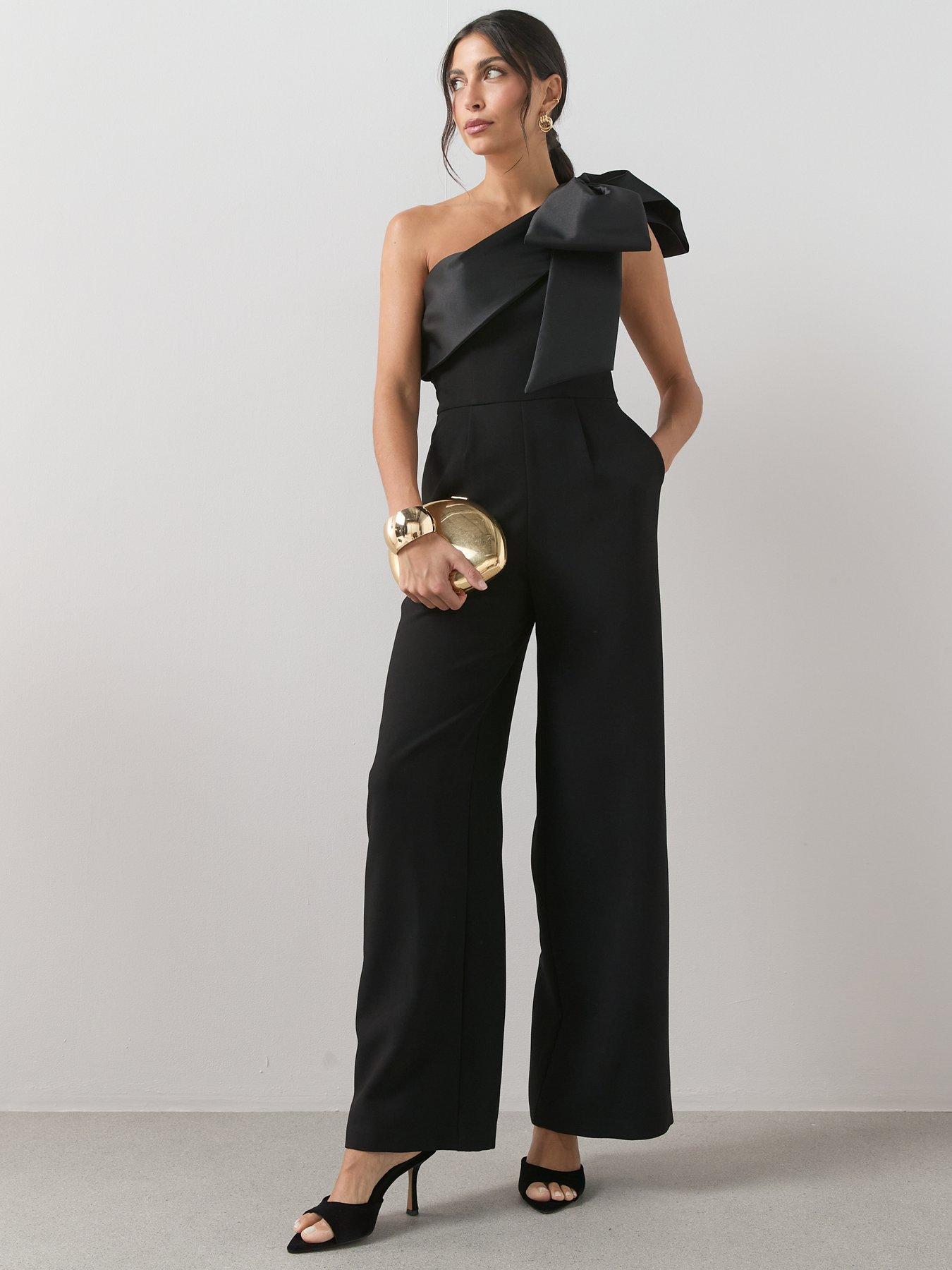 Image 3 of 6 of The Very Collection Bow Detail One Shoulder Jumpsuit - Black