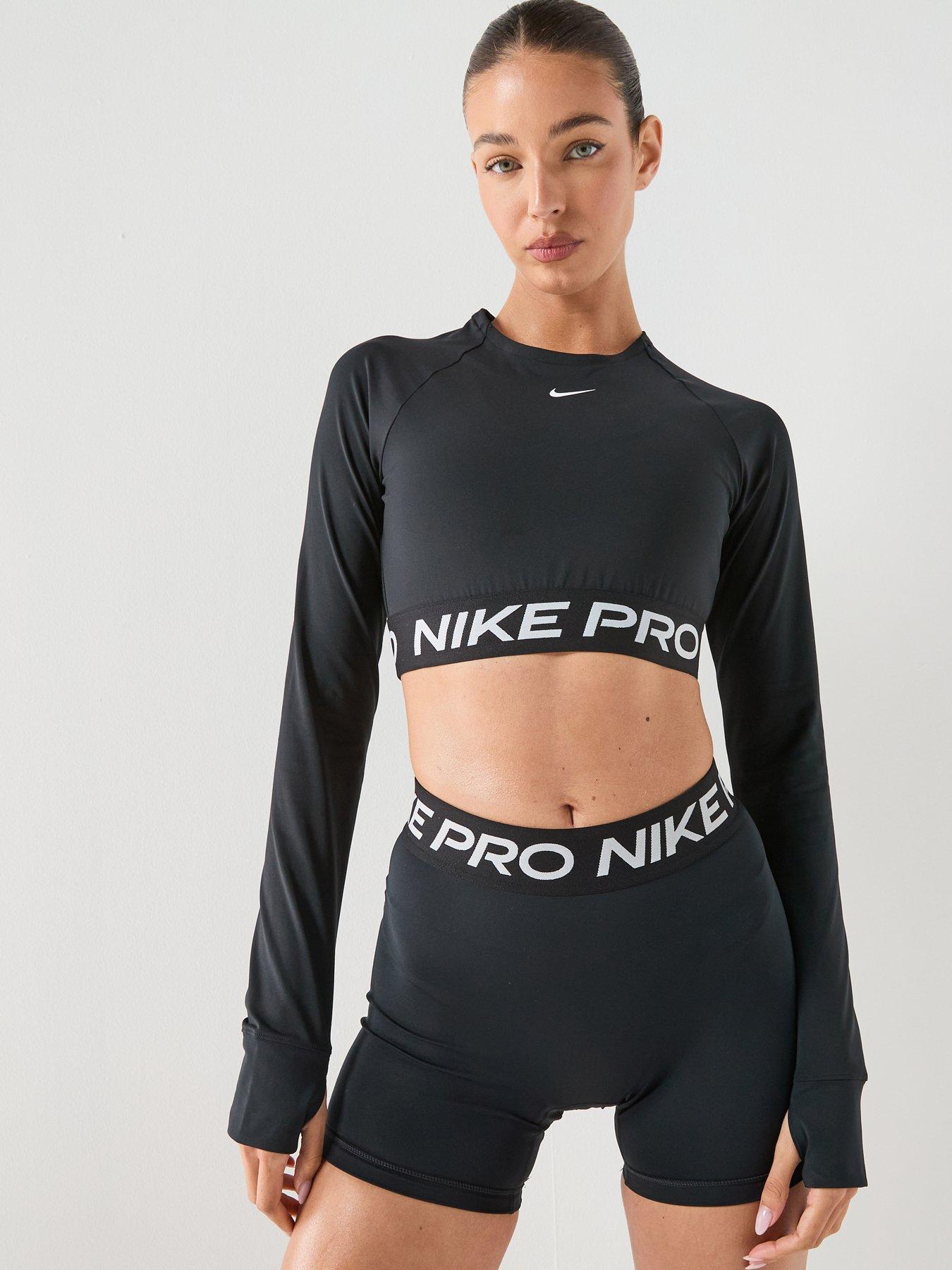 Nike Womens Training Pro 365 Dri-FIT Long Sleeve Crop Top, Black/White, Size Xs, Women