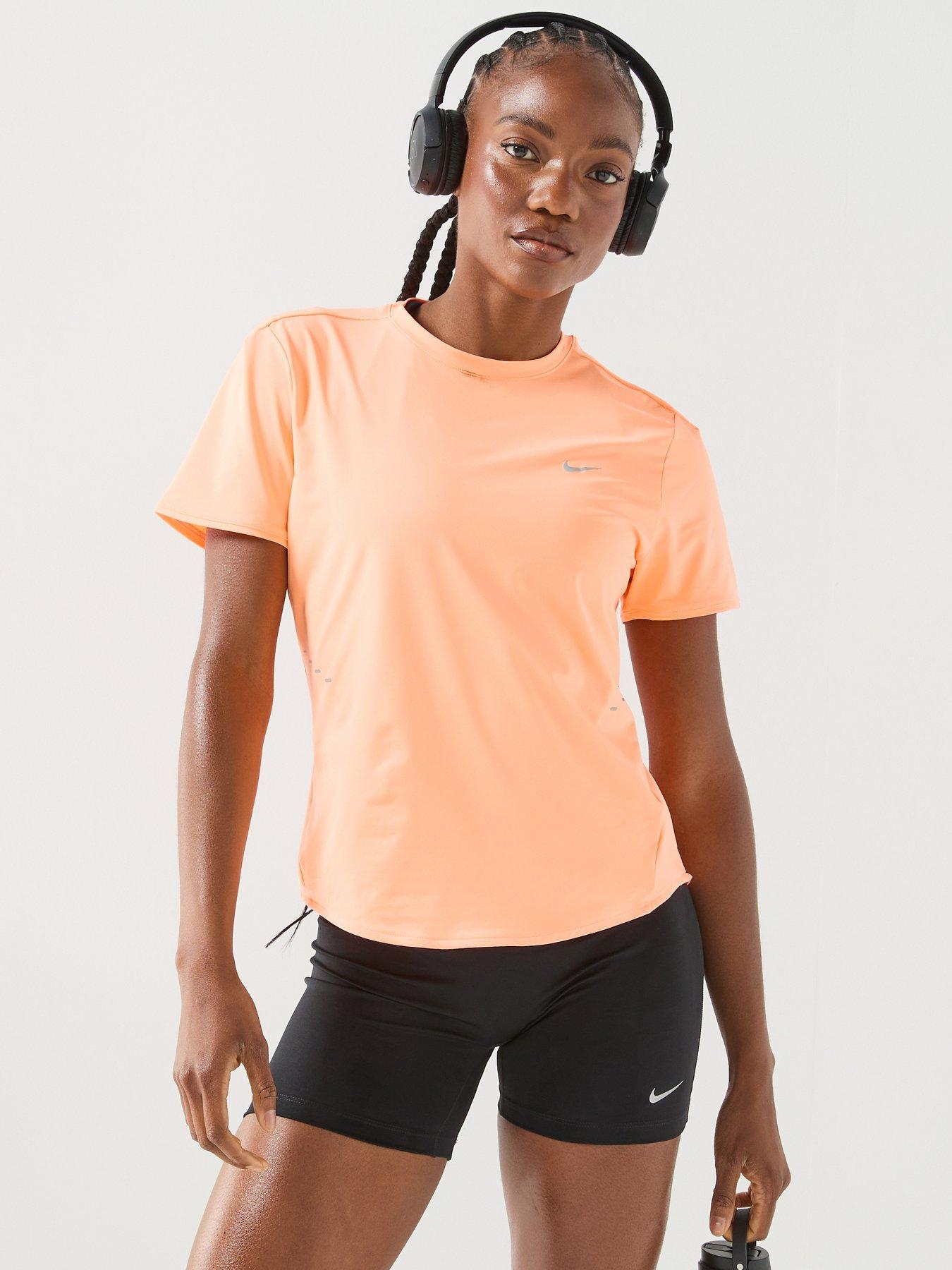 Nike Womens Running Dri-FIT Short Sleeve Top, Orange Pulse/Reflective Silv, Size Xs, Women