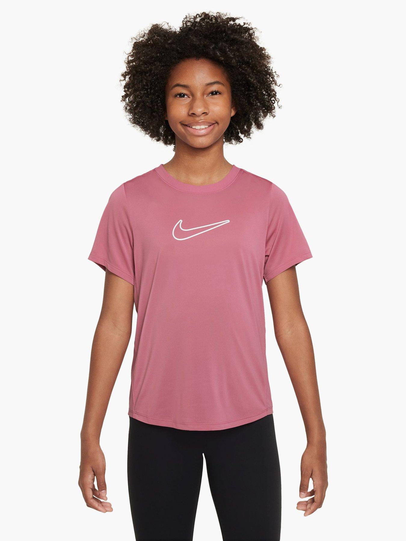 Nike Junior Girls Training Dri-FIT Short Sleeve Top, Peony/White, Size Xs=7-8 Years
