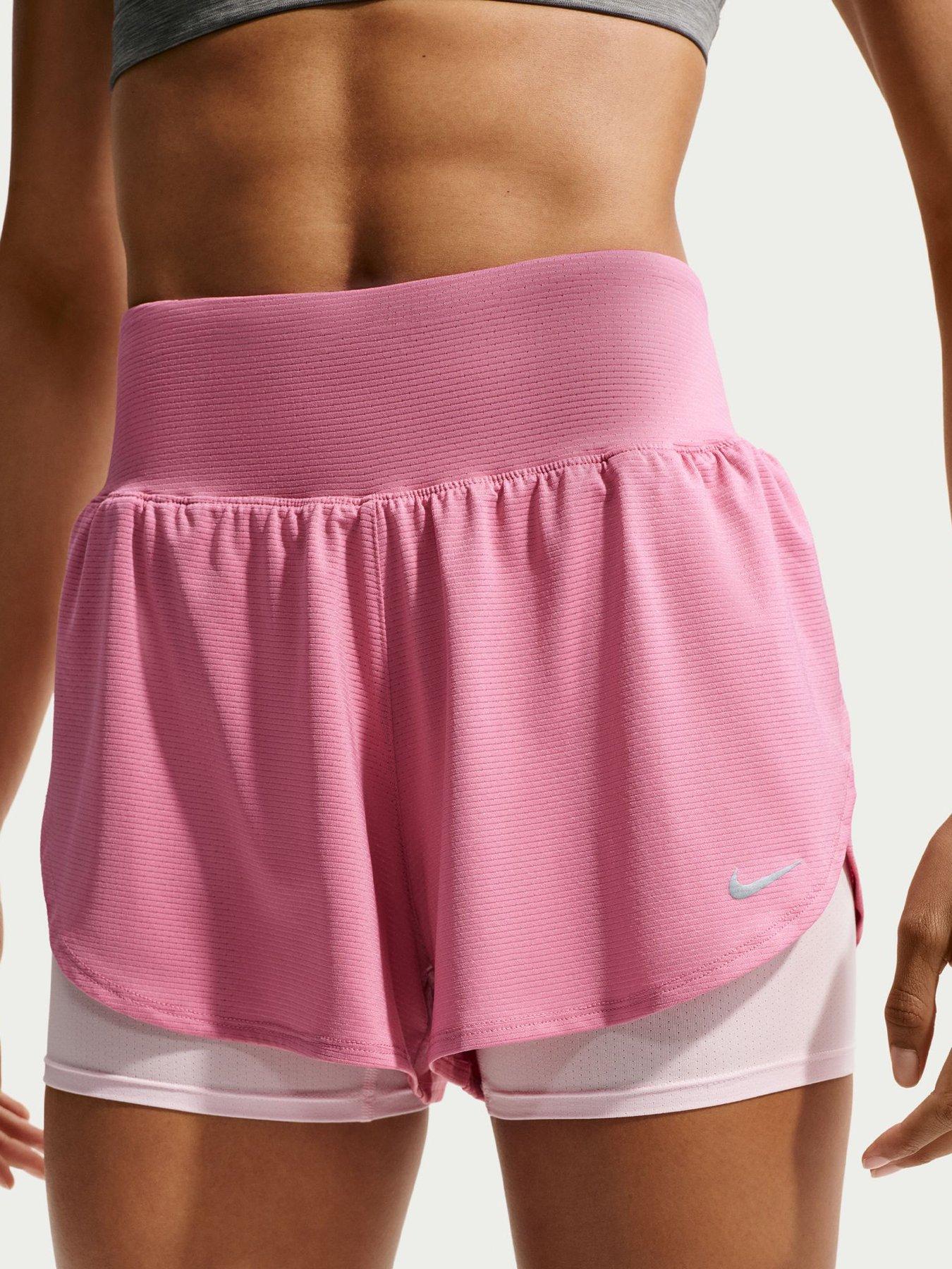Nike Womens Running Dri-FIT Mesh 2 In 1 Shorts, Peony/Pink Foam/Reflective Sil, Size M, Women