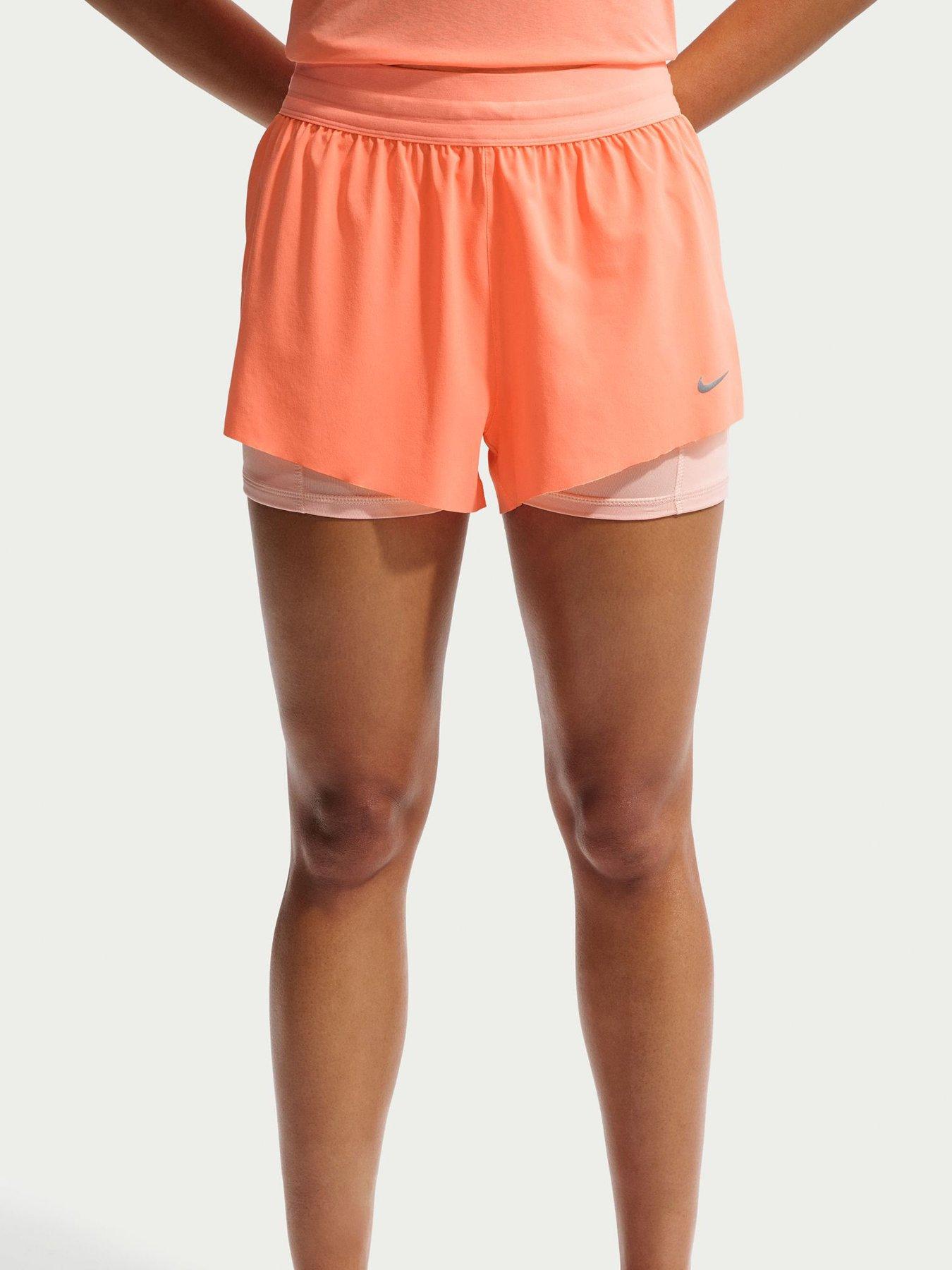 Nike Womens Running Dri-FIT Mid Rise 2 In 1 Shorts, Orange Pulse/Reflective Silv, Size Xs, Women