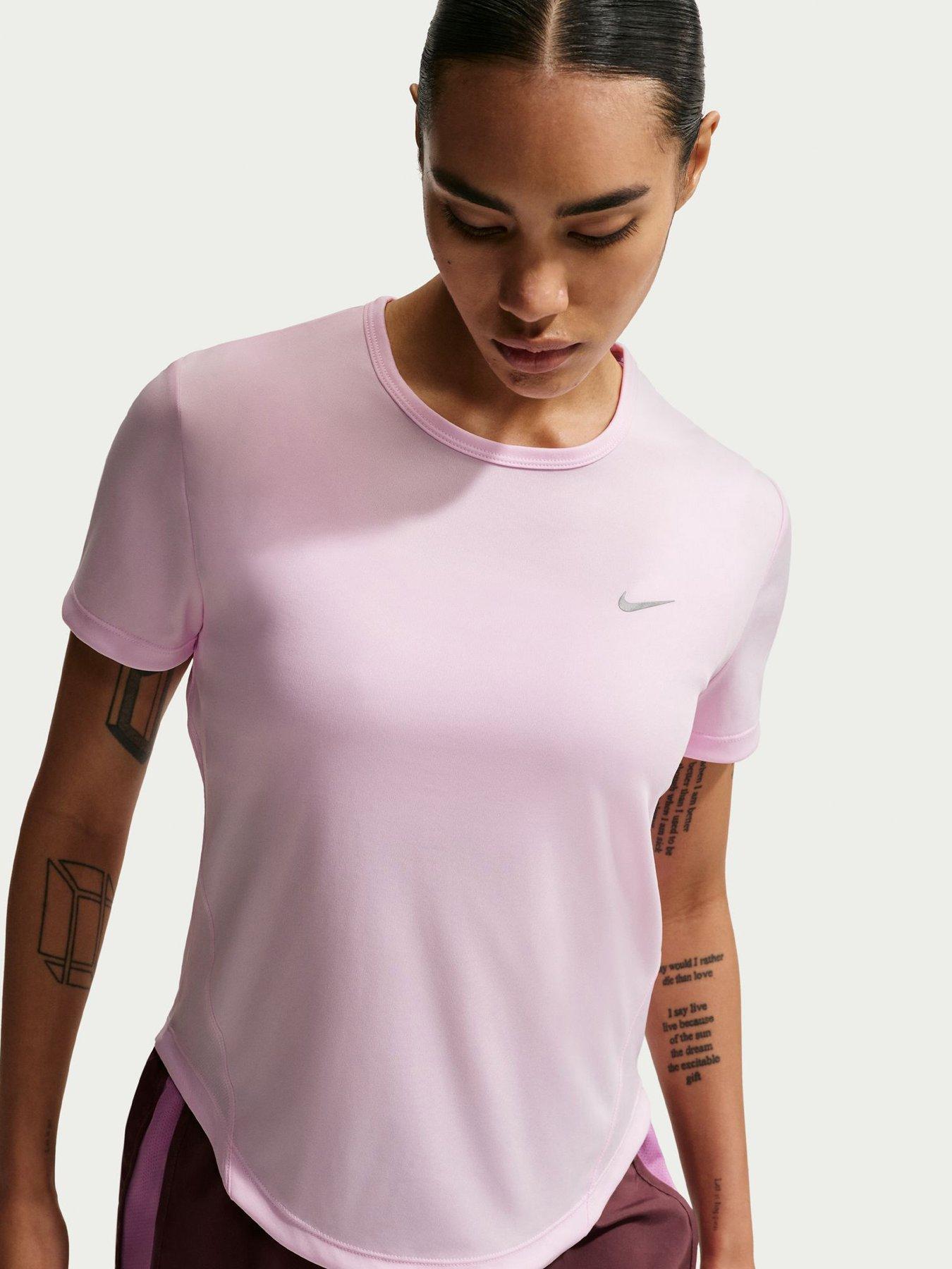 Nike Womens Running Dri-FIT Short Sleeve Top, Pink Foam/Reflective Silv, Size Xl, Women