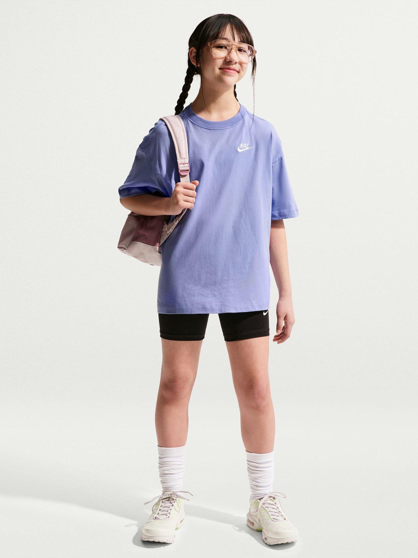 Nike Big Kids Sportswear Oversized Embroidered Futura T-Shirt, Light Thistle, Size Xs