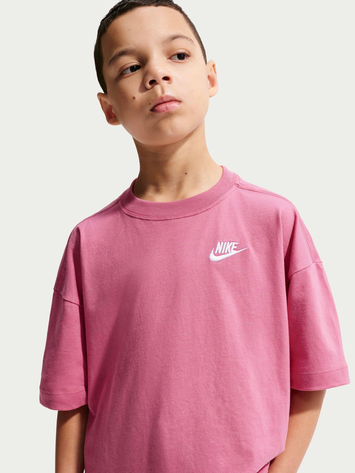 Nike Big Kids Sportswear Oversized Embroidered Futura T-Shirt, Peony, Size Xs