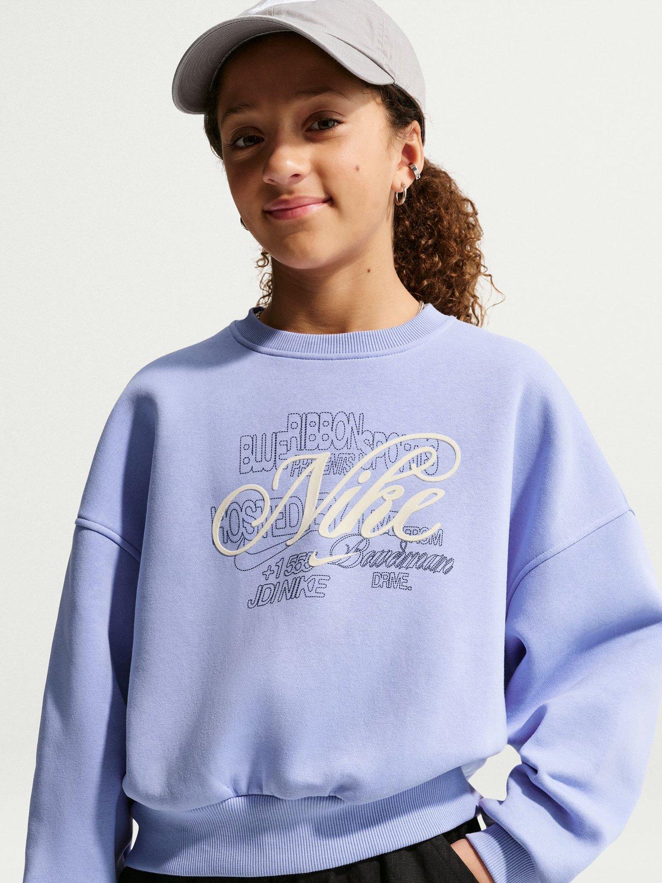 Nike Big Kids Girls Sportswear Club Boxy Graphic Crew Sweatshirt, Light Thistle, Size Xl