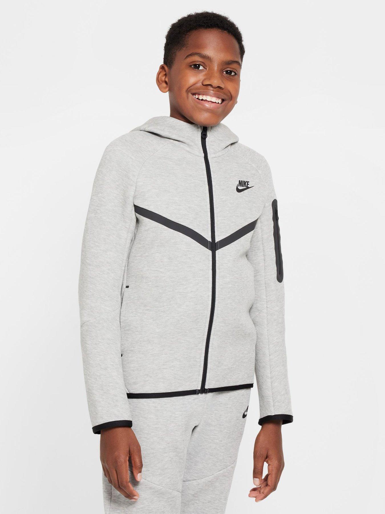 Nike Big Kids Tech Fleece Full Zip Hoodie, Dk Grey Heather/Black/Black, Size L
