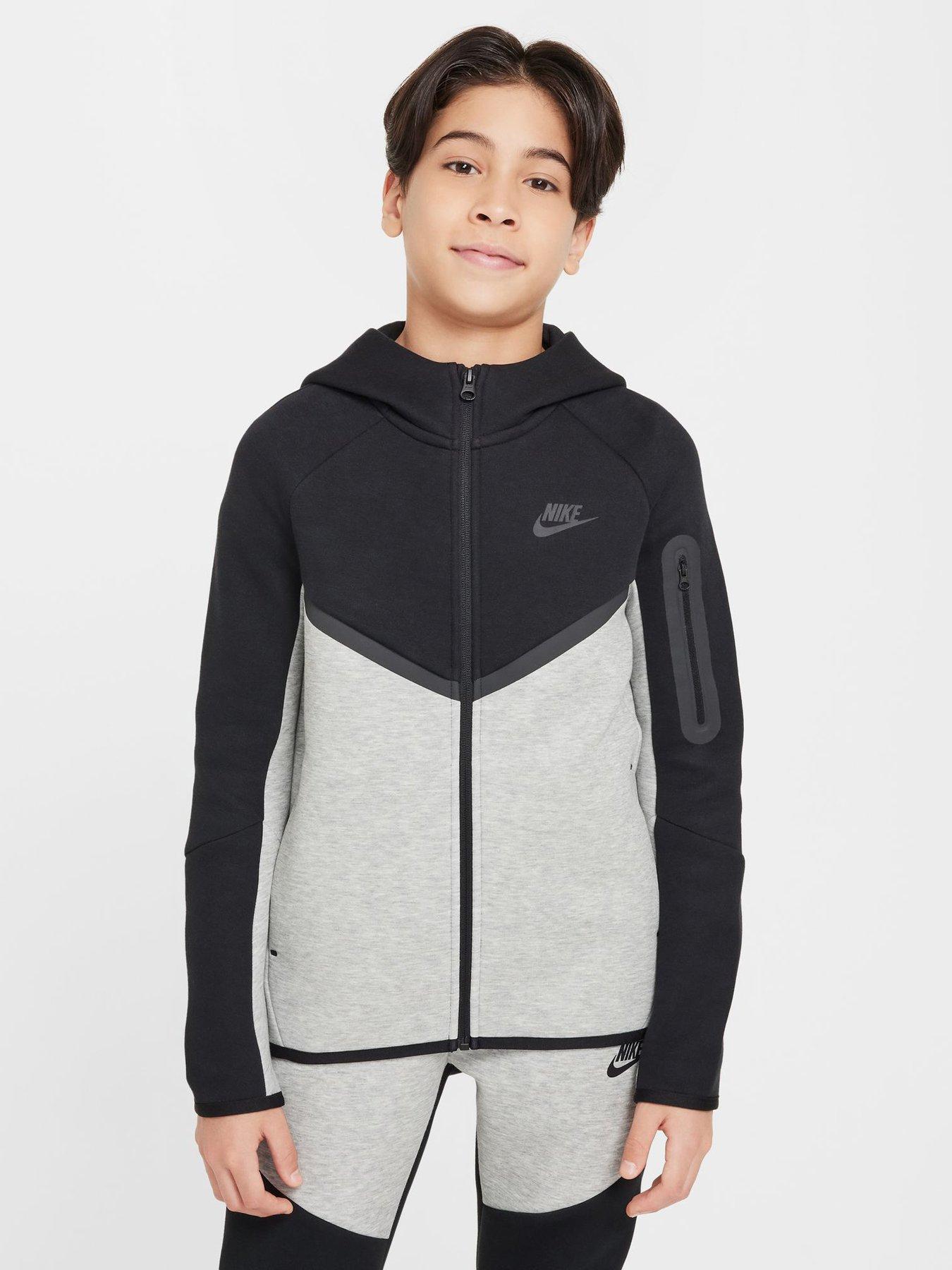 Nike Big Kids Tech Fleece Full Zip Hoodie, Dk Grey Heather/Grey/Black, Size S