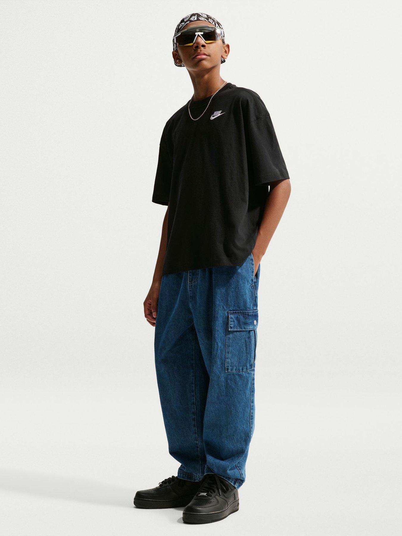 Nike Big Kids Sportswear Oversized Embroidered Futura T-Shirt, Black, Size Xs