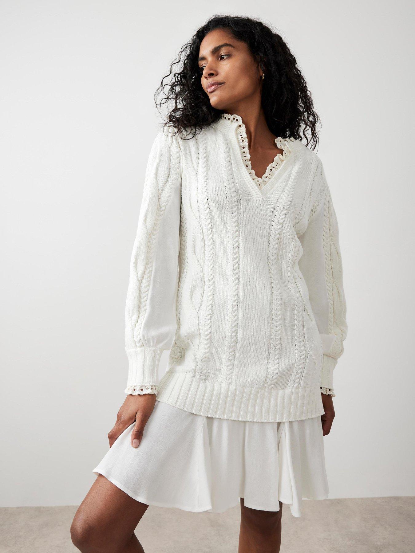Image 1 of 6 of Mint Velvet Ivory Cable Woven Mix Dress - White