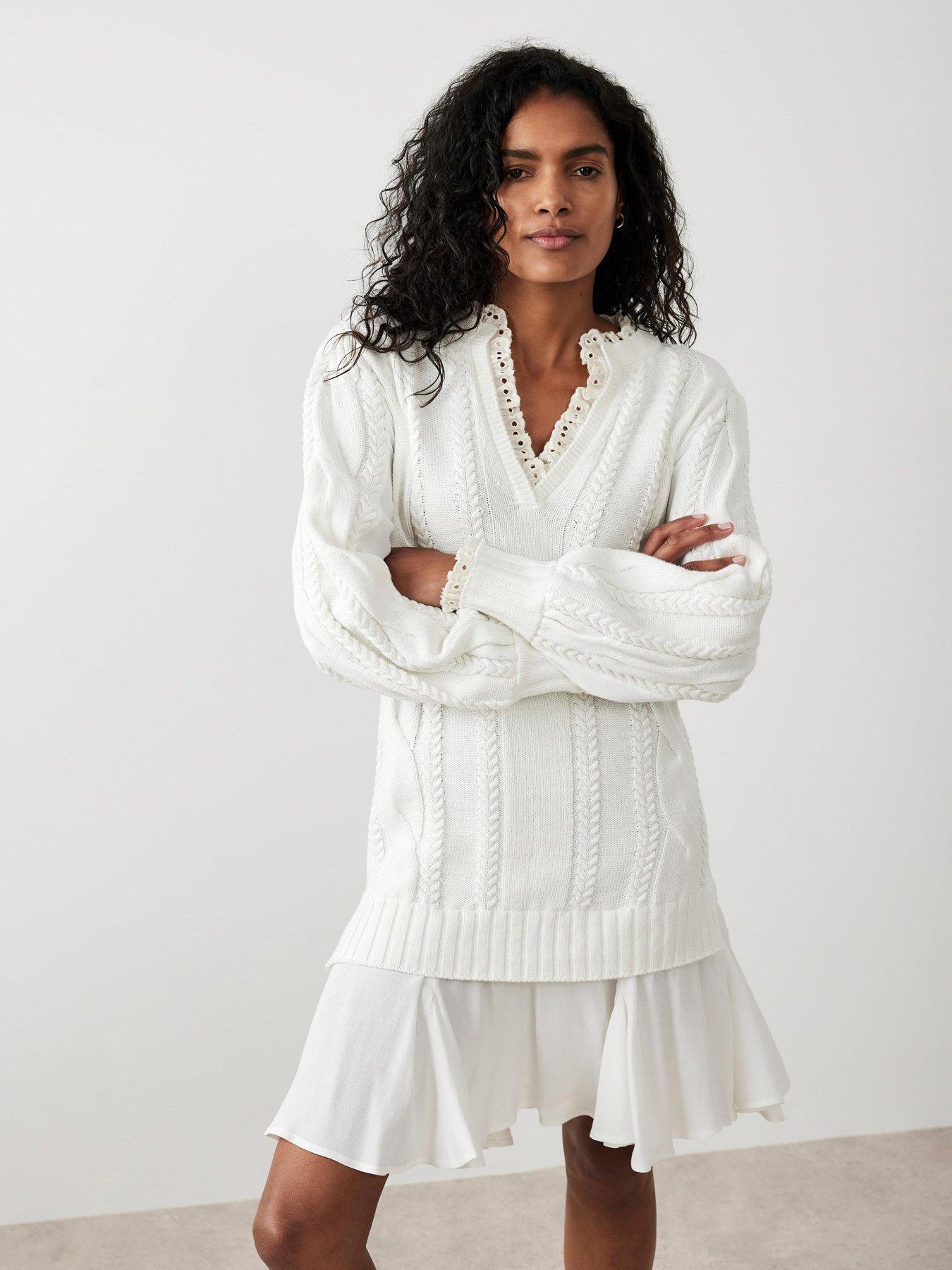 Image 2 of 6 of Mint Velvet Ivory Cable Woven Mix Dress - White