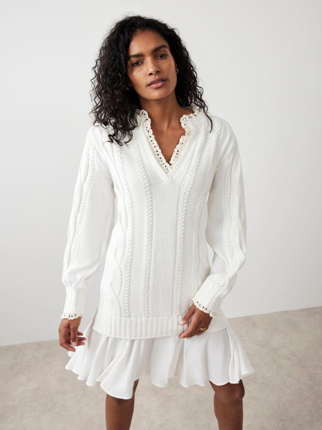 Image 4 of 6 of Mint Velvet Ivory Cable Woven Mix Dress - White
