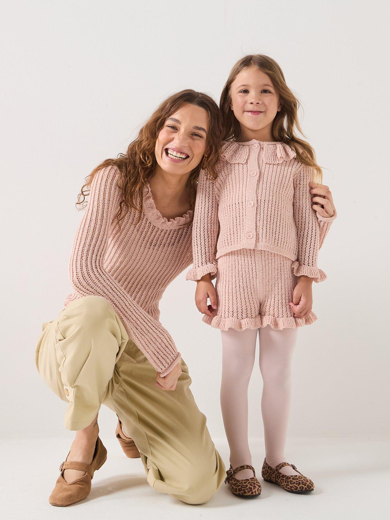 Image 1 of 6 of Michelle Keegan Mini Me Frill Neck Cardigan &amp; Shorts Set - Pink