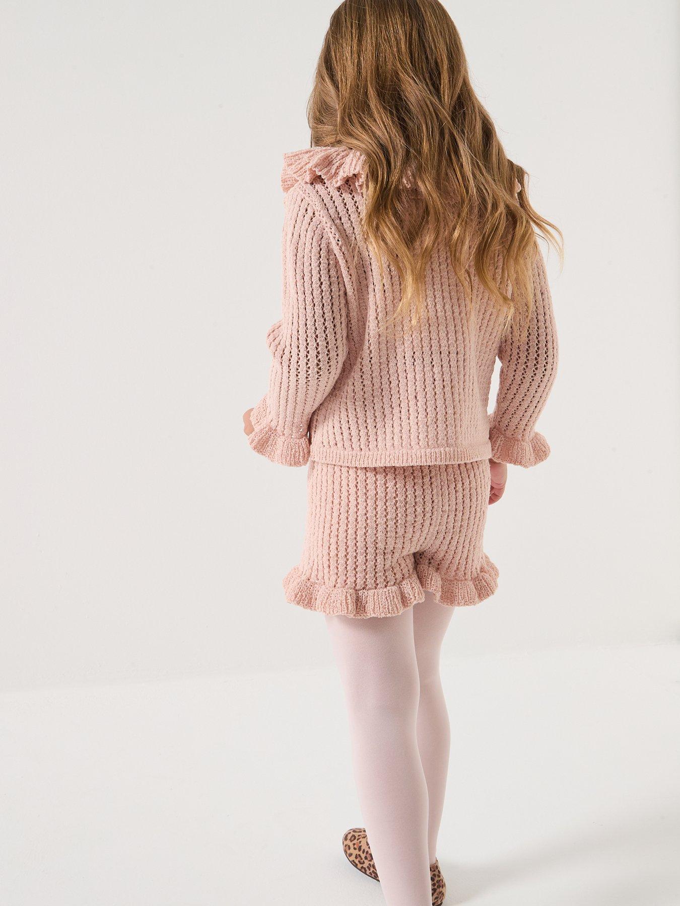 Image 2 of 6 of Michelle Keegan Mini Me Frill Neck Cardigan &amp; Shorts Set - Pink