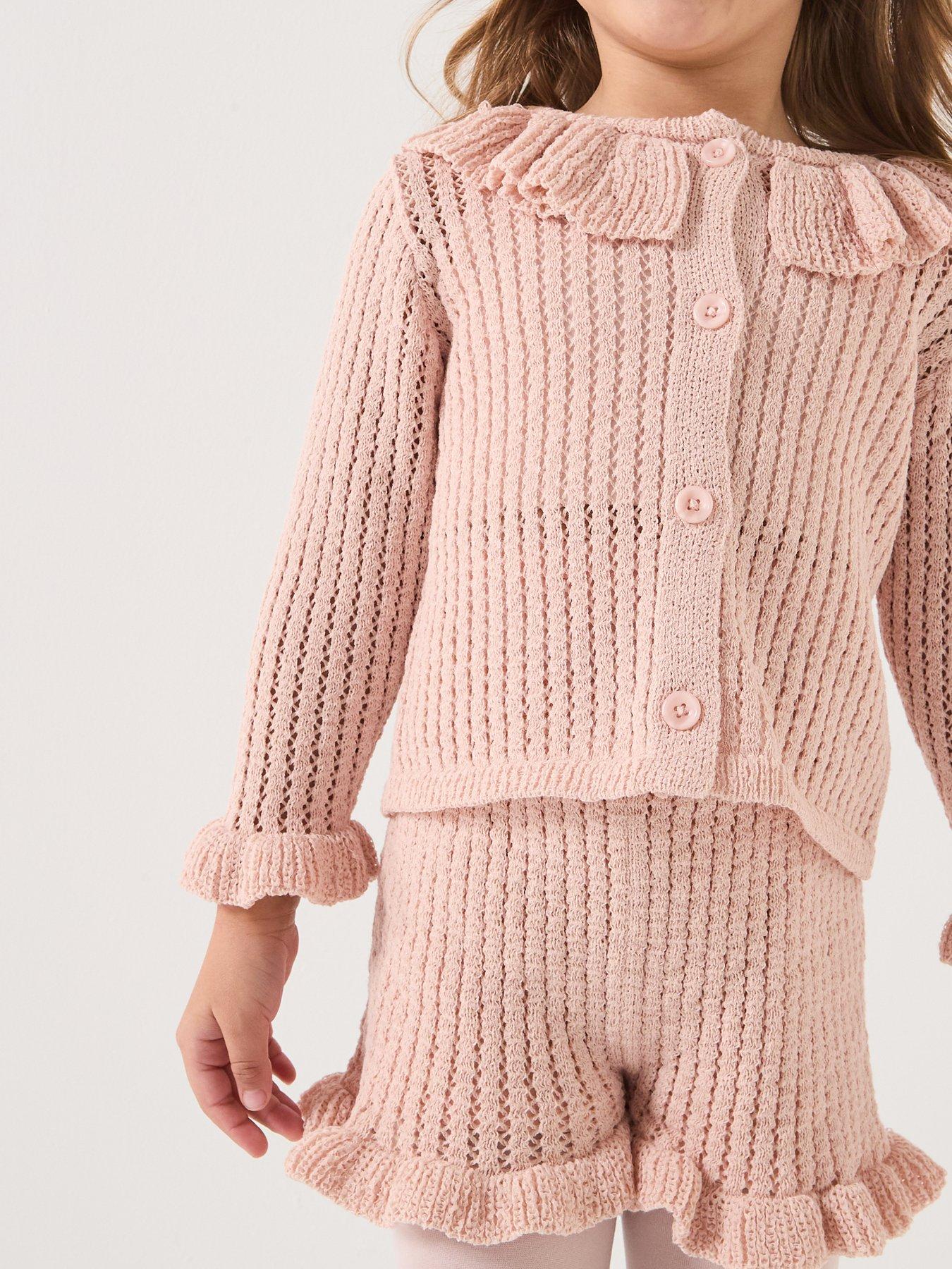 Image 4 of 6 of Michelle Keegan Mini Me Frill Neck Cardigan &amp; Shorts Set - Pink