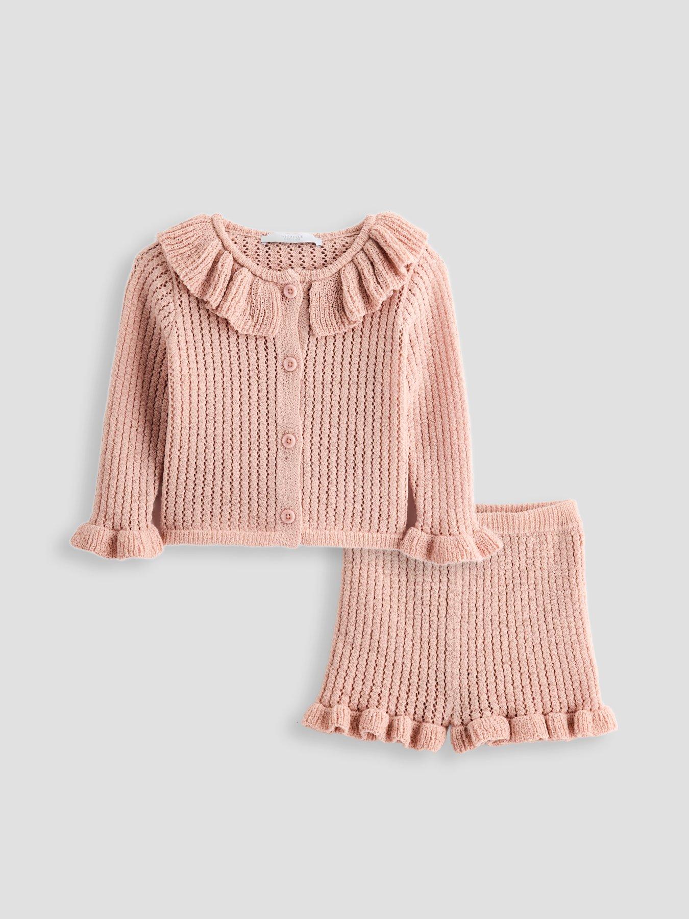 Image 6 of 6 of Michelle Keegan Mini Me Frill Neck Cardigan &amp; Shorts Set - Pink