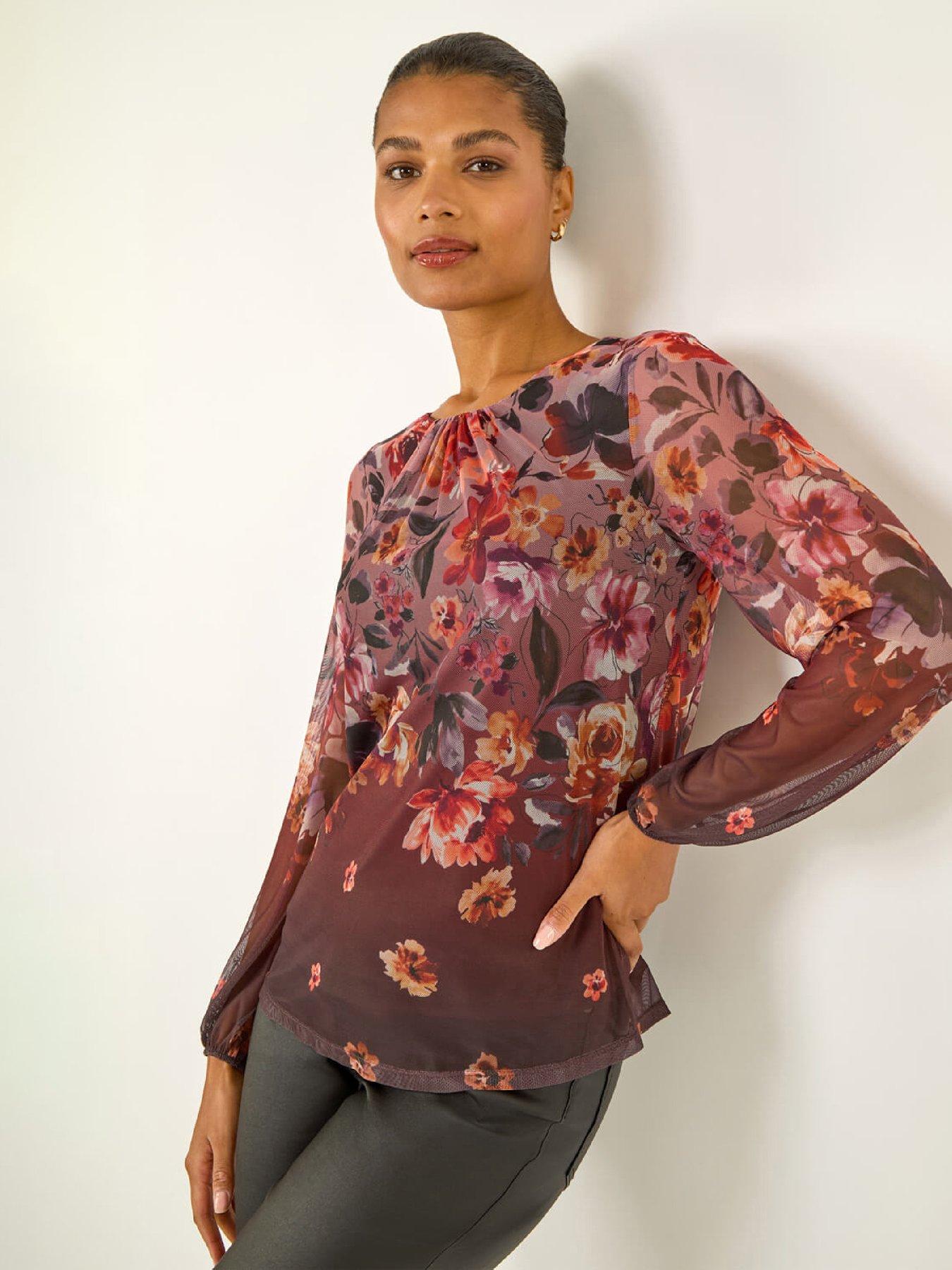 Roman Floral Print Mesh Top, Brown, Size 20, Women