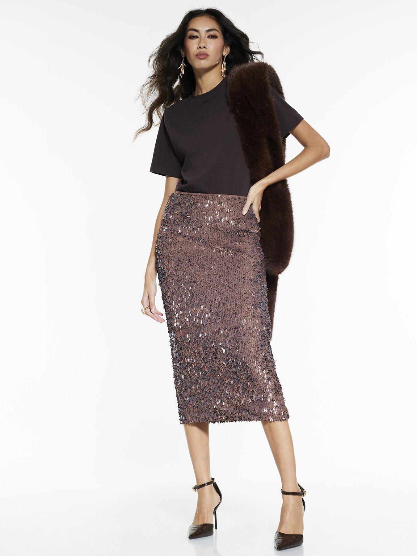 River Island Irregular Sequin Midi Skirt - Beige