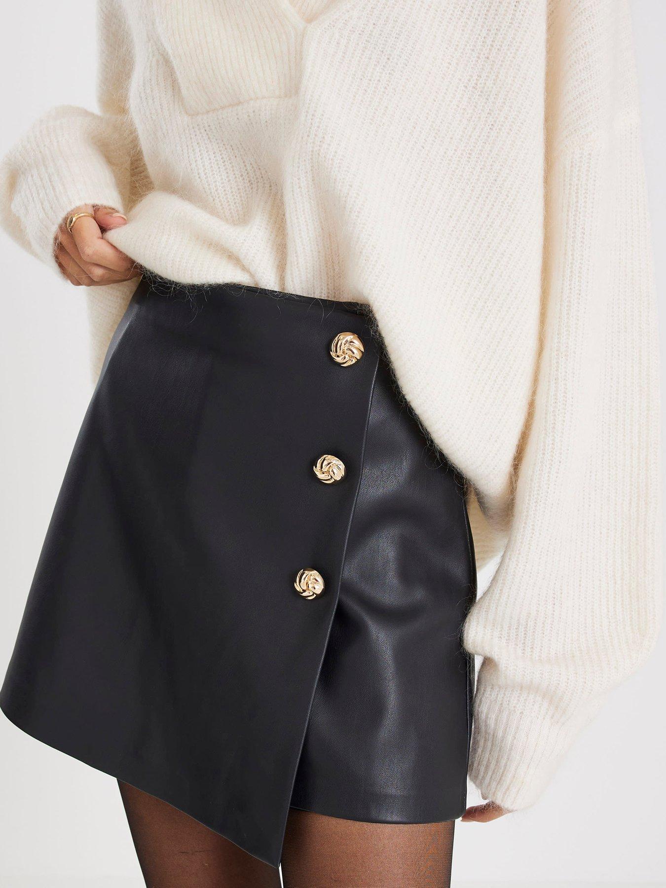 Image 1 of 4 of River Island Asymmetric Trim PU Skort - Black
