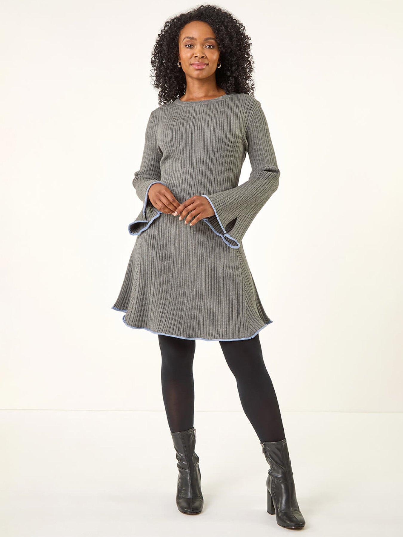 Roman Petite Contrast Trim Knit Dress - Grey