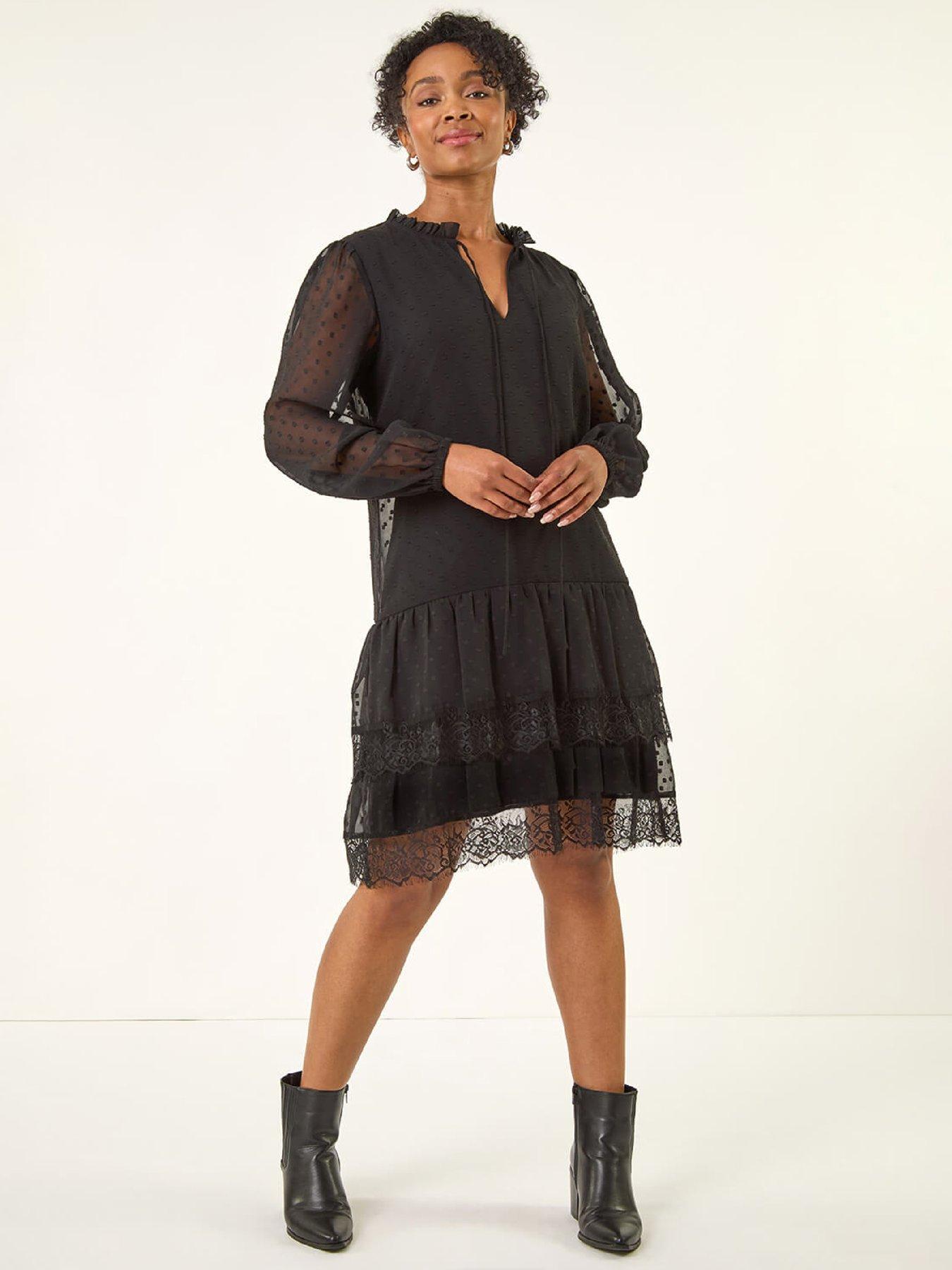 Roman Petite Frill Tie Front Lace Dress - Black