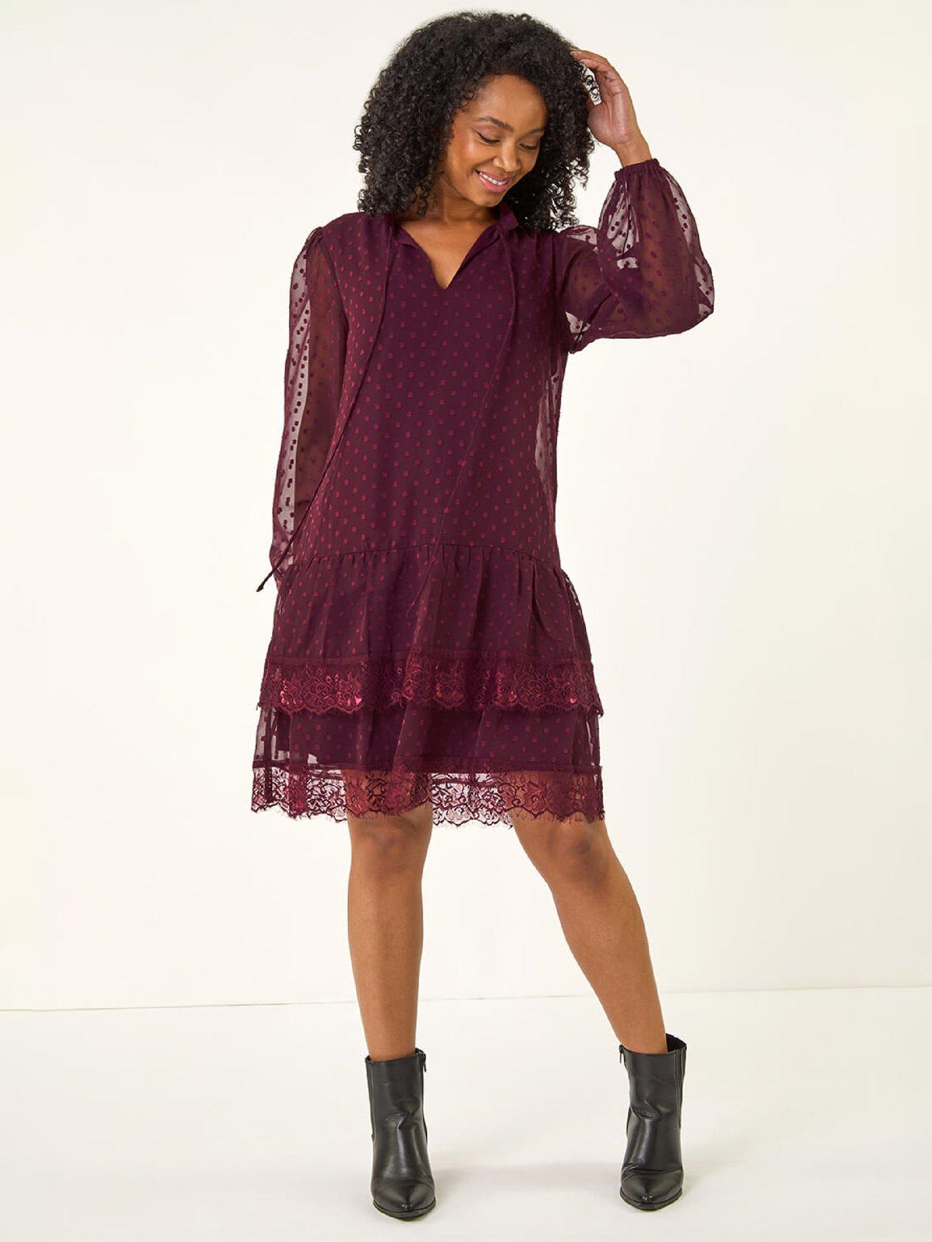 Roman Petite Frill Tie Front Lace Dress - Wine