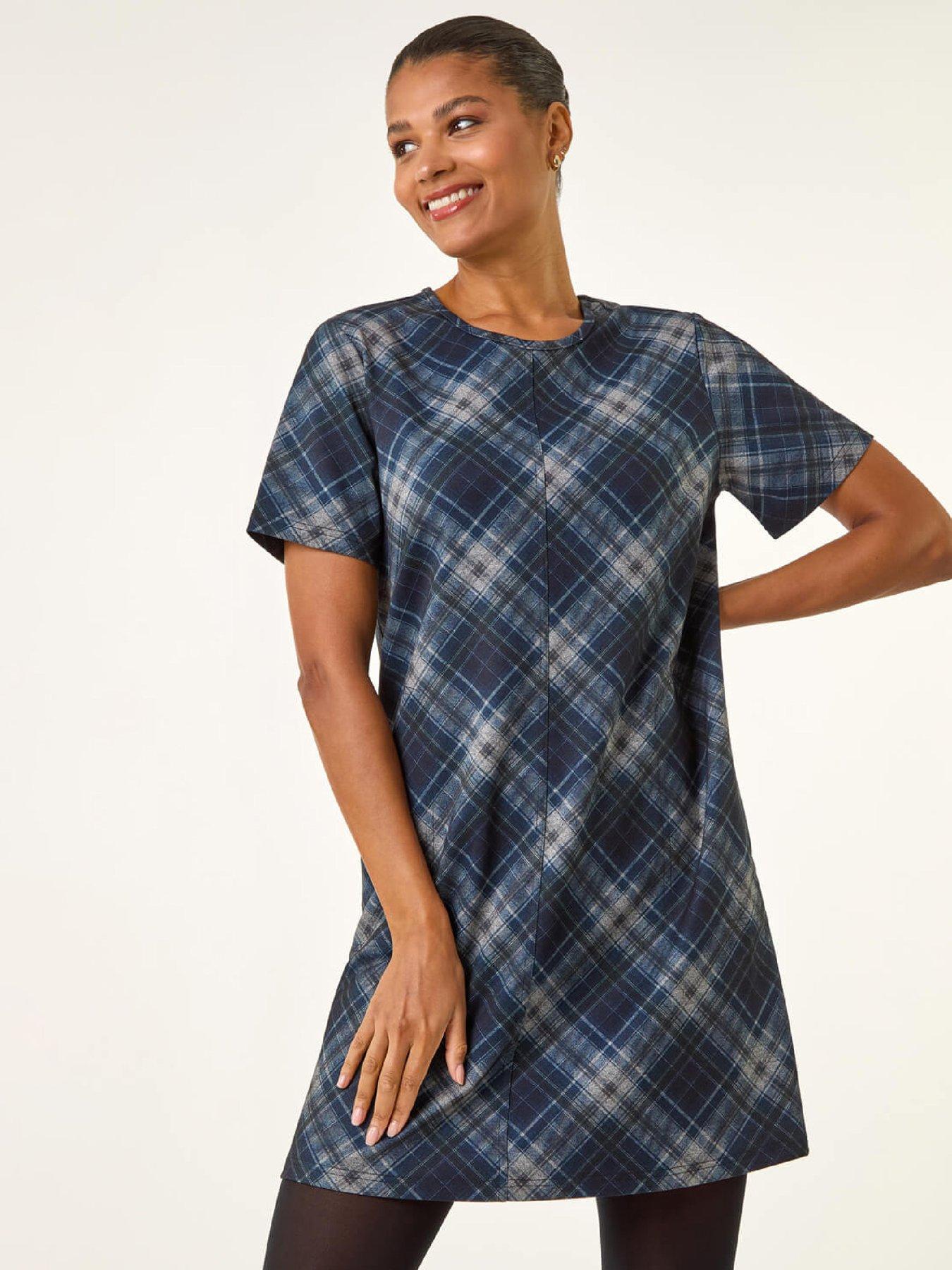 Roman Check Print T-shirt Stretch Dress - Blue