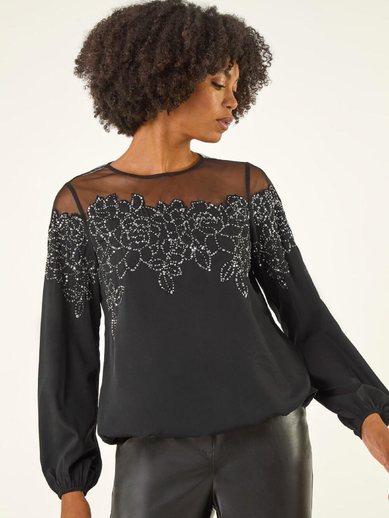 Roman Sequin Floral Sheer Top - Black