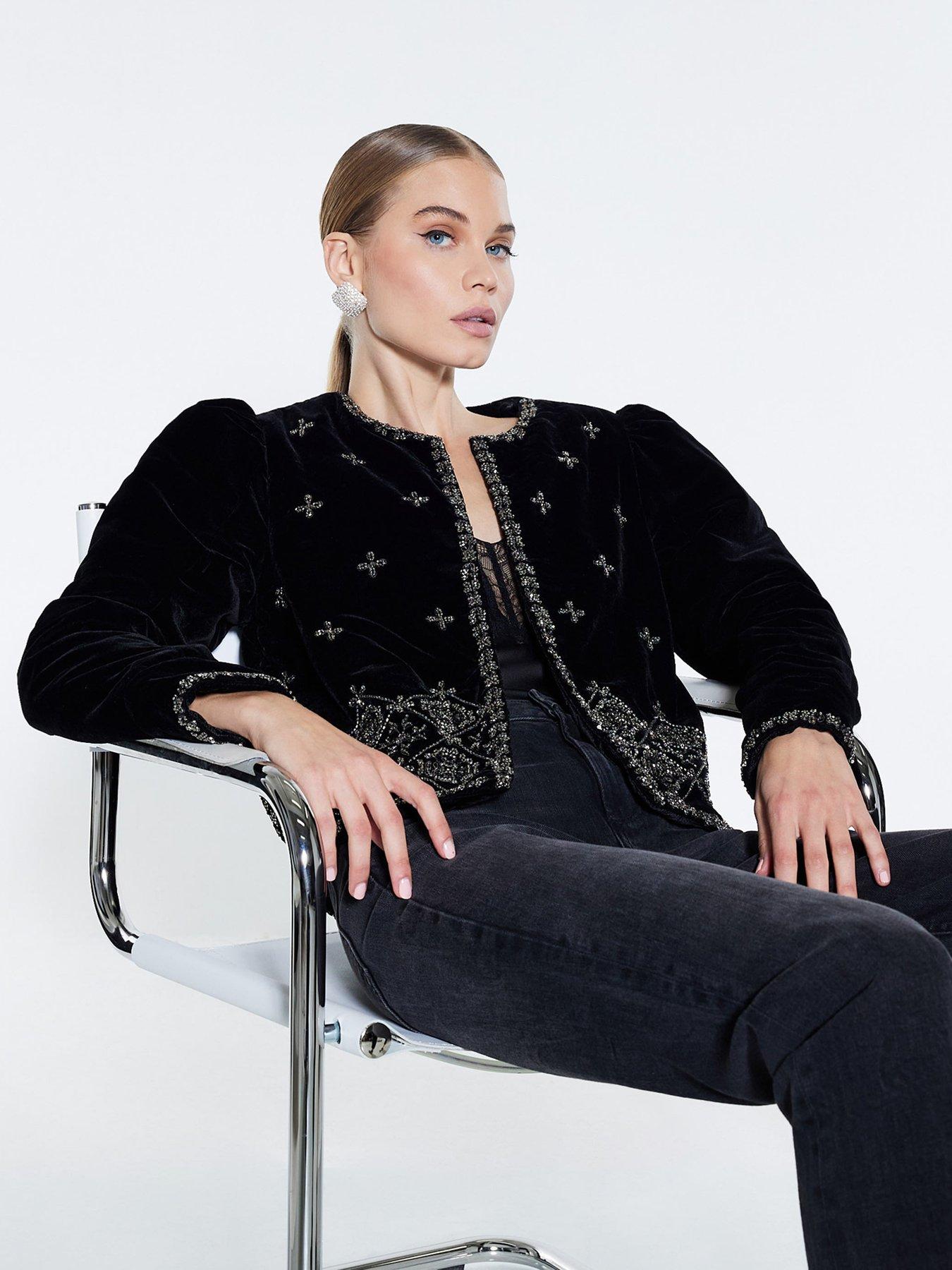 Image 1 of 4 of River Island Embellished Velvet Jacket - Black