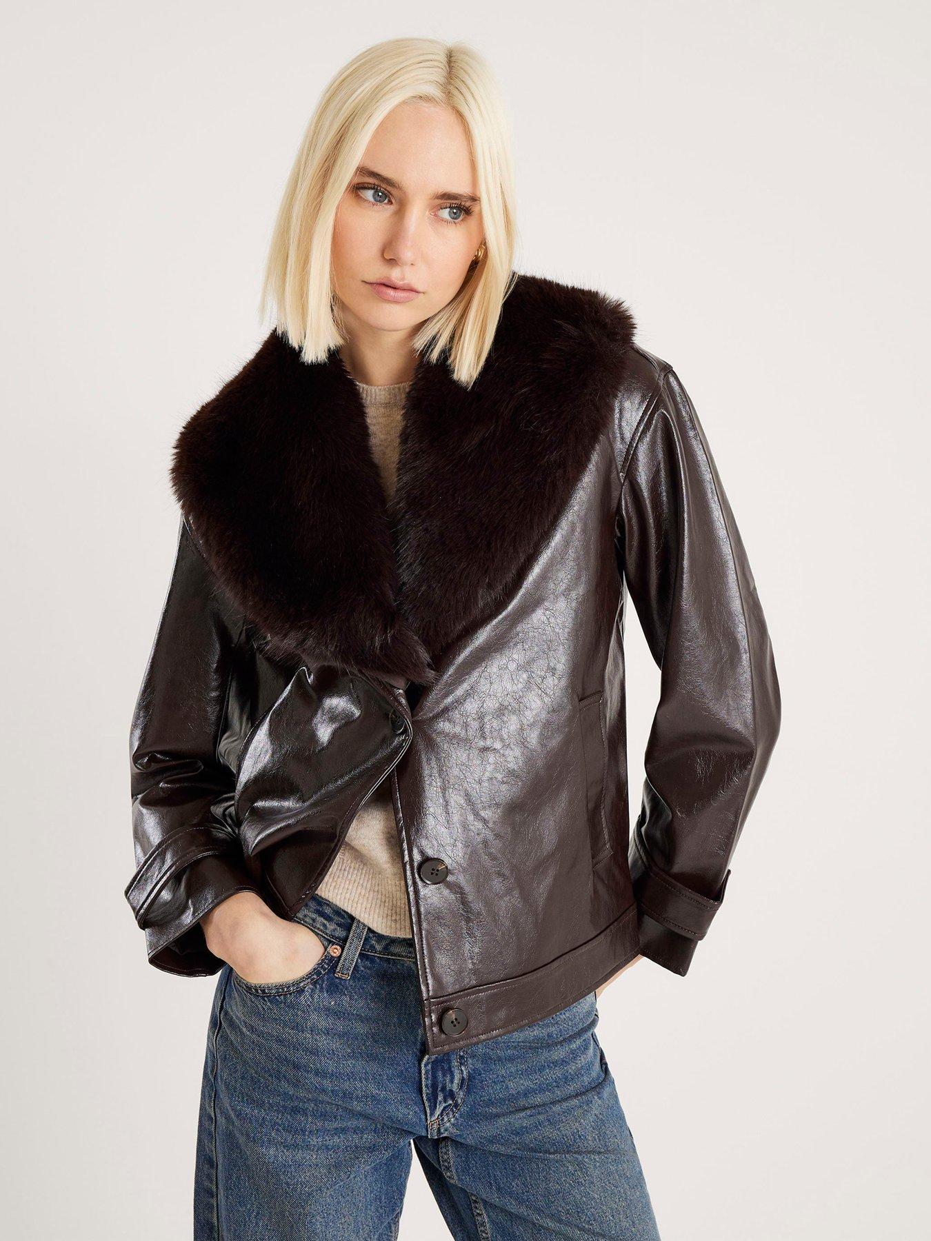 River Island Fur Collar Blazer Pu - Brown