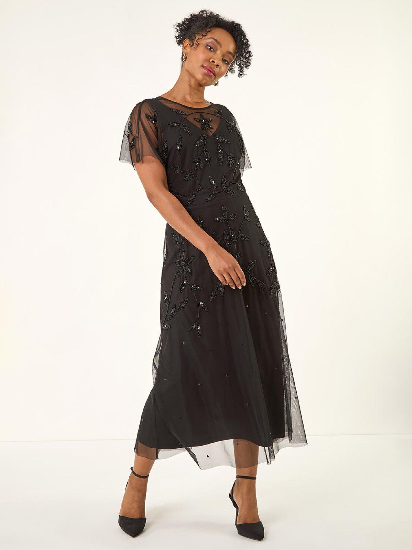 Roman Women's Petite Embroidered Mesh Layered Dress in Black | Size: 12 - Image 2