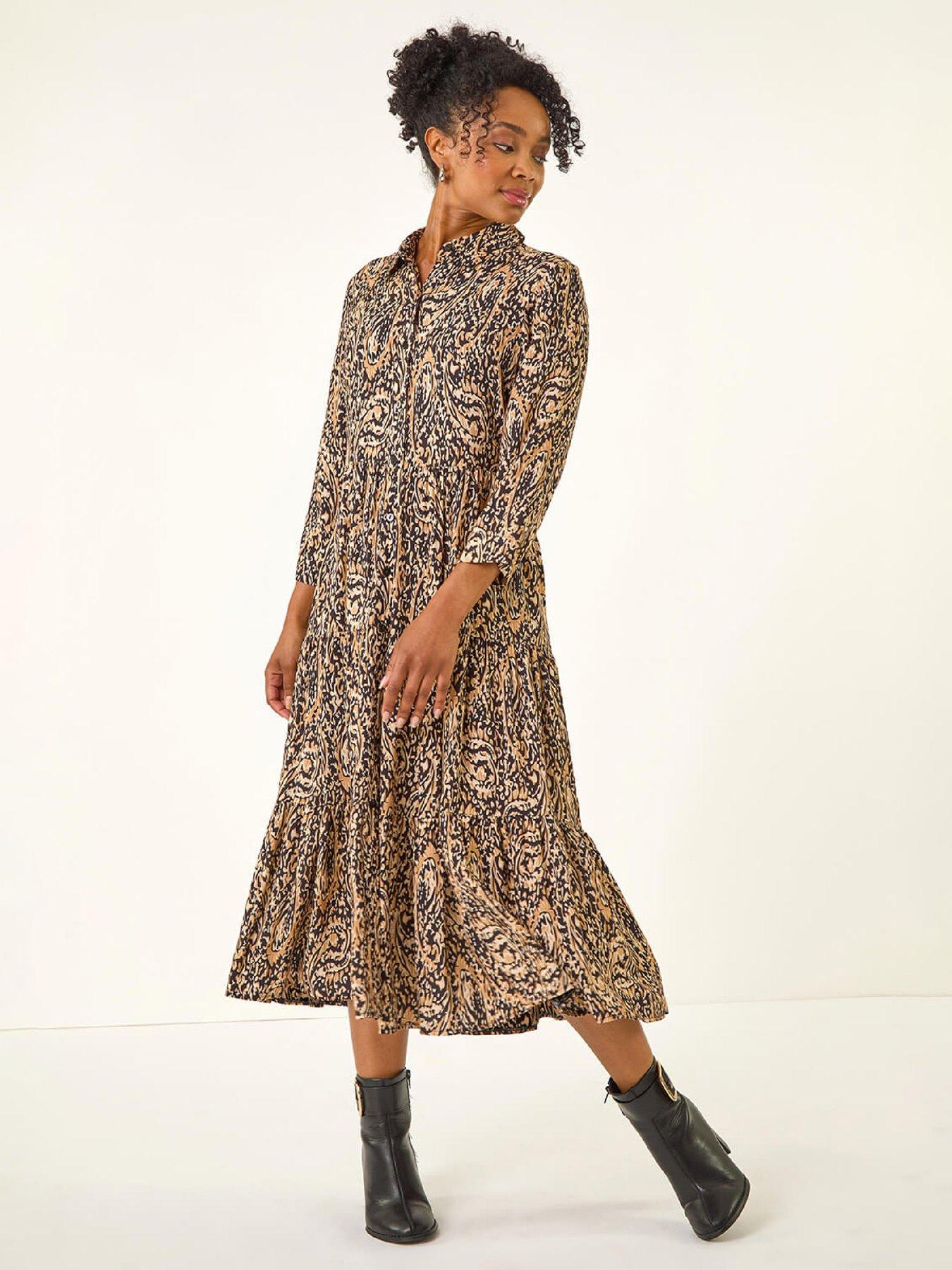 Image 1 of 5 of Roman Petite Abstract Print Tiered Midi Dress - Brown