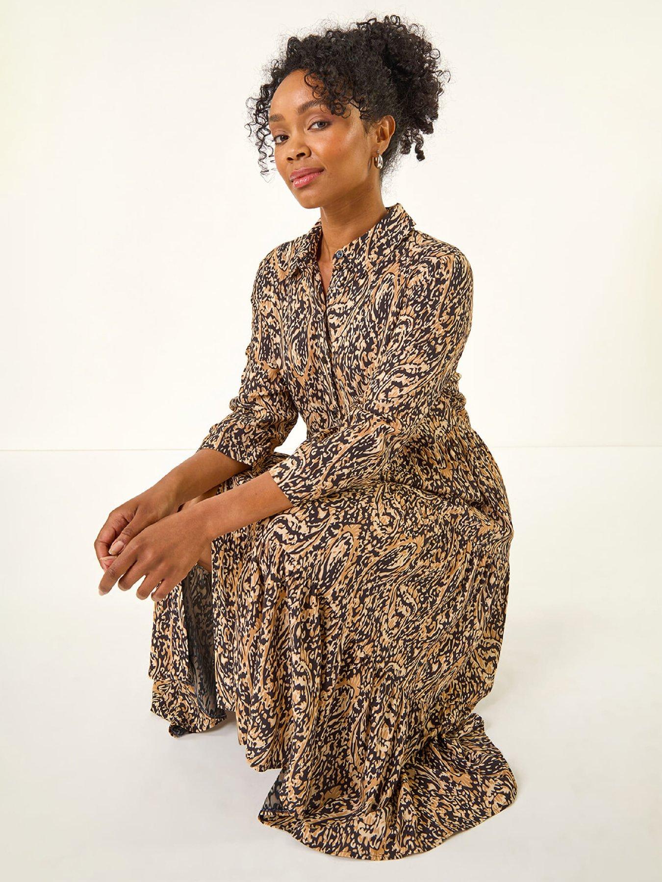 Image 4 of 5 of Roman Petite Abstract Print Tiered Midi Dress - Brown