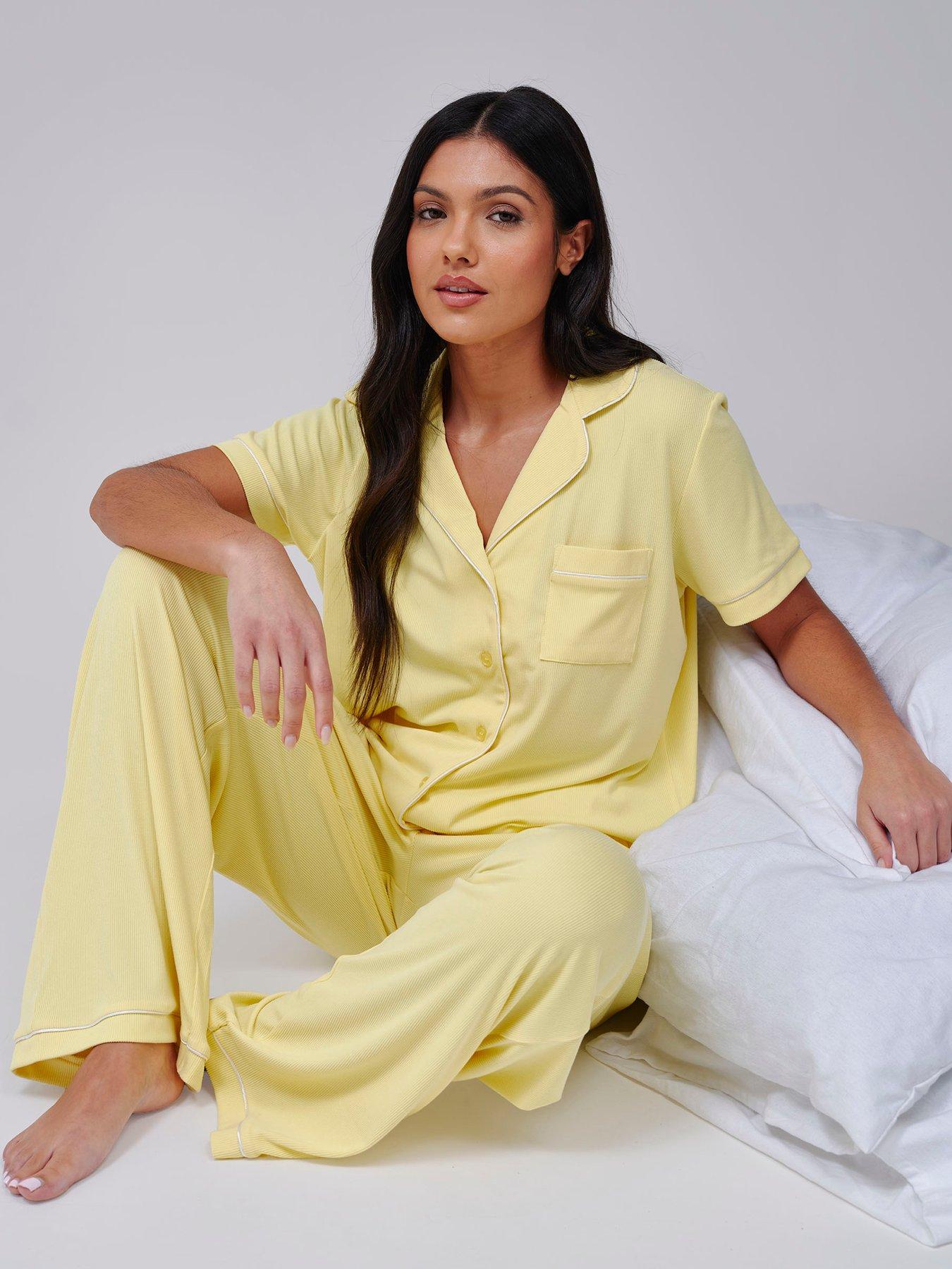 Loungeable Super Soft Jersey Rib Traditional Short Sleeve Long Pant Set - Yellow