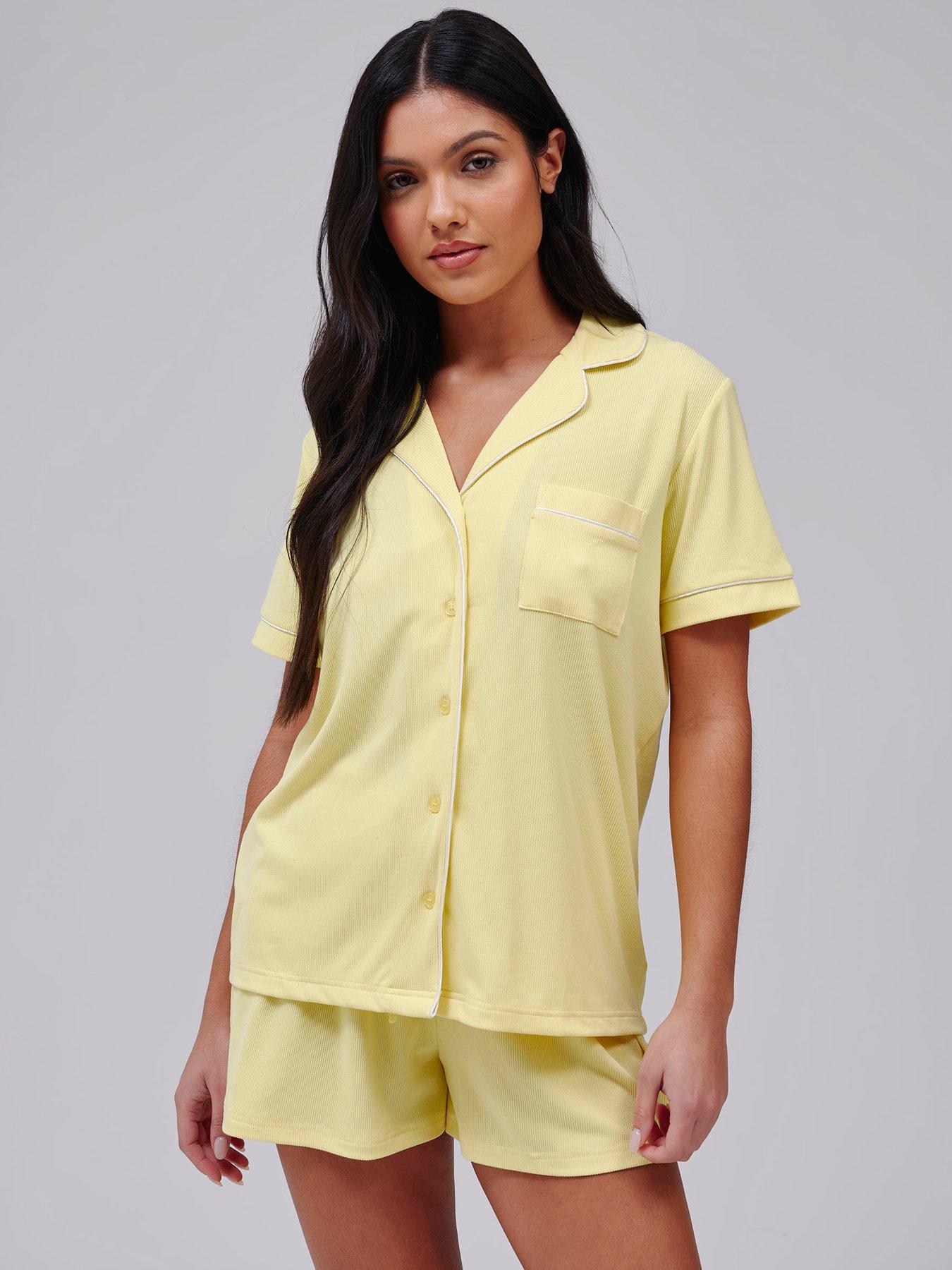 Image 1 of 4 of Loungeable Super Soft Jersey Rib Traditional Short Sleeve Short Set - Yellow