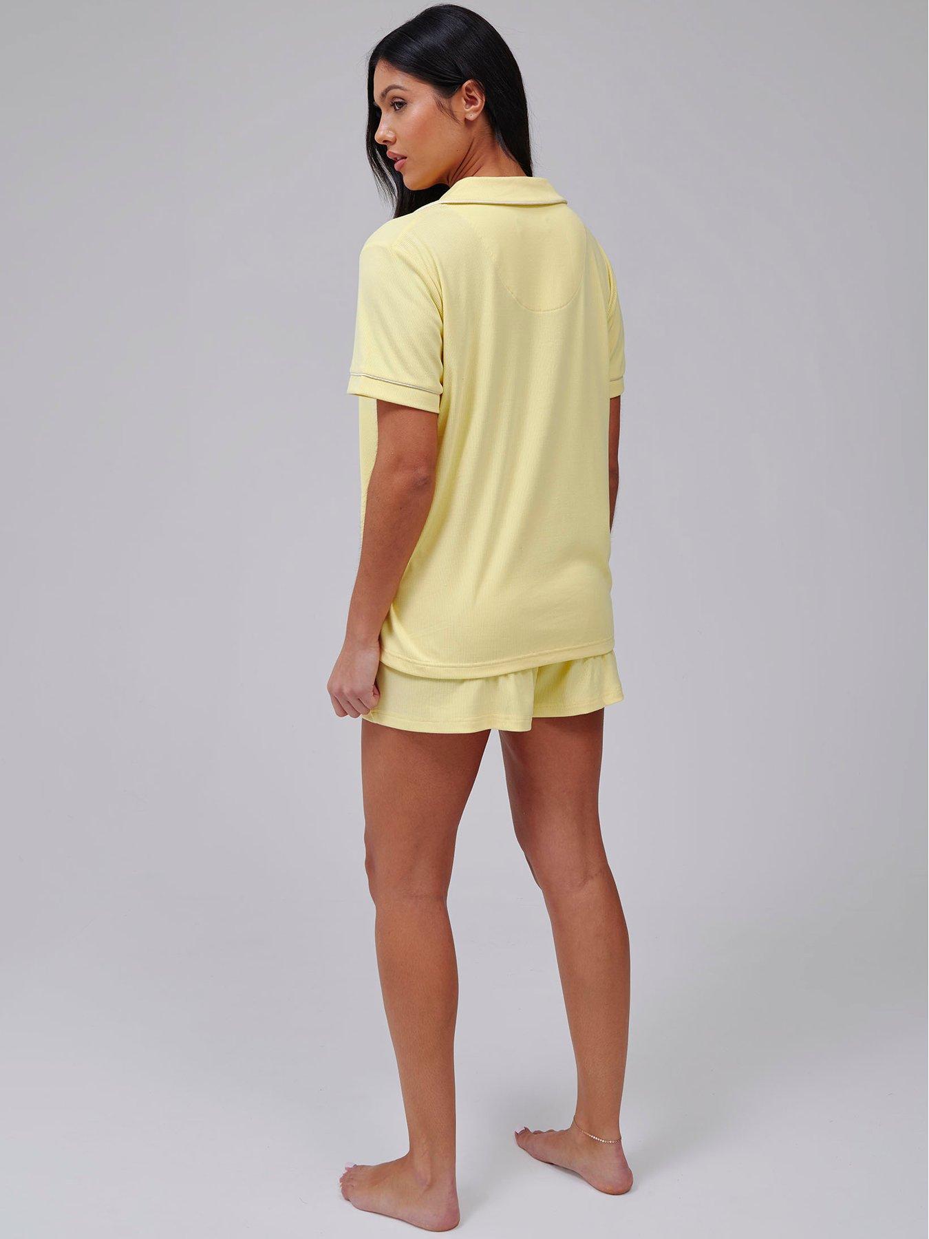 Image 2 of 4 of Loungeable Super Soft Jersey Rib Traditional Short Sleeve Short Set - Yellow