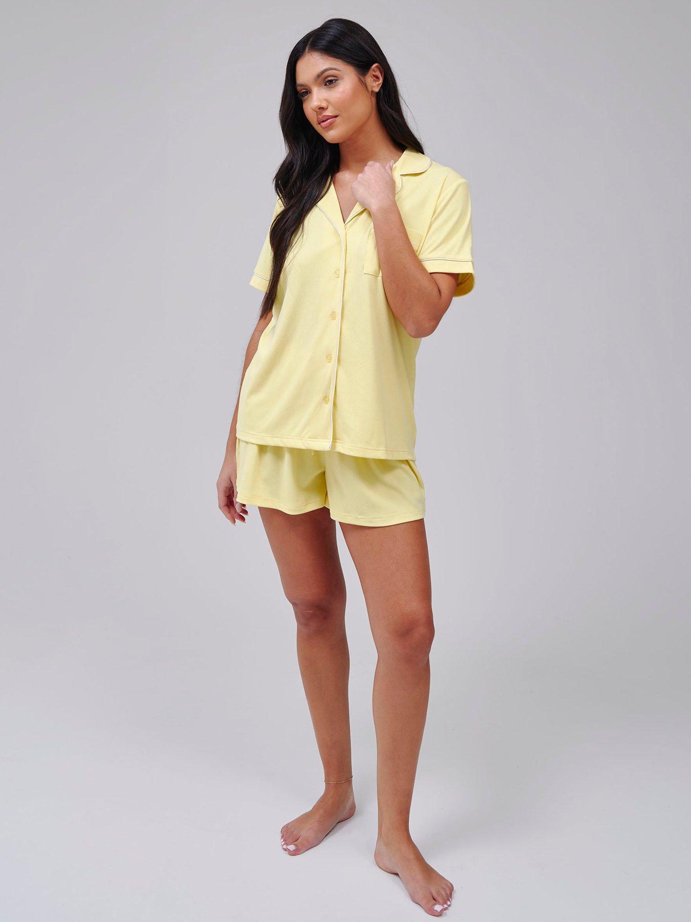 Image 3 of 4 of Loungeable Super Soft Jersey Rib Traditional Short Sleeve Short Set - Yellow