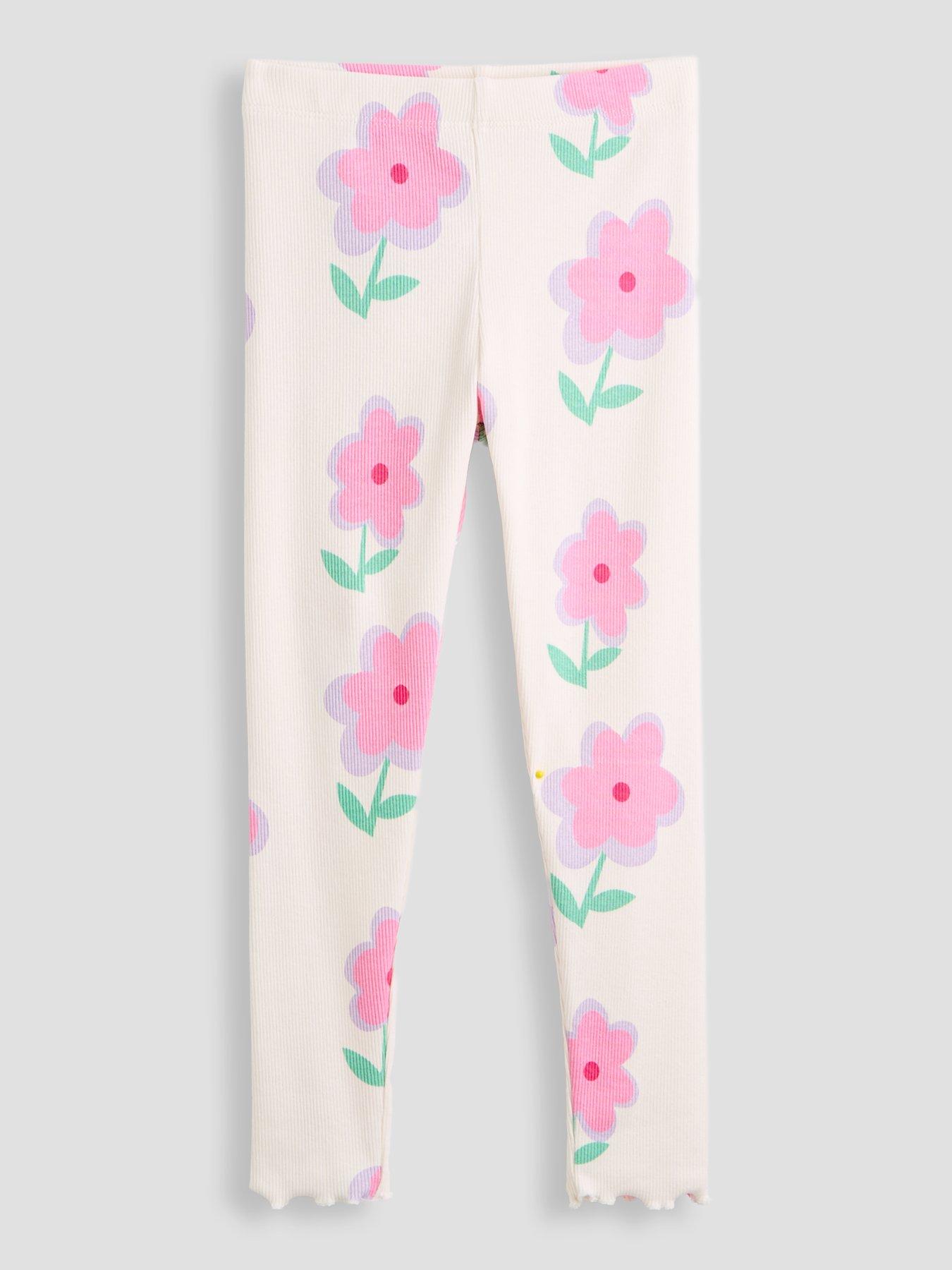 The Very Collection Girls Flower Print Ribbed Leggings - Cream/Pink