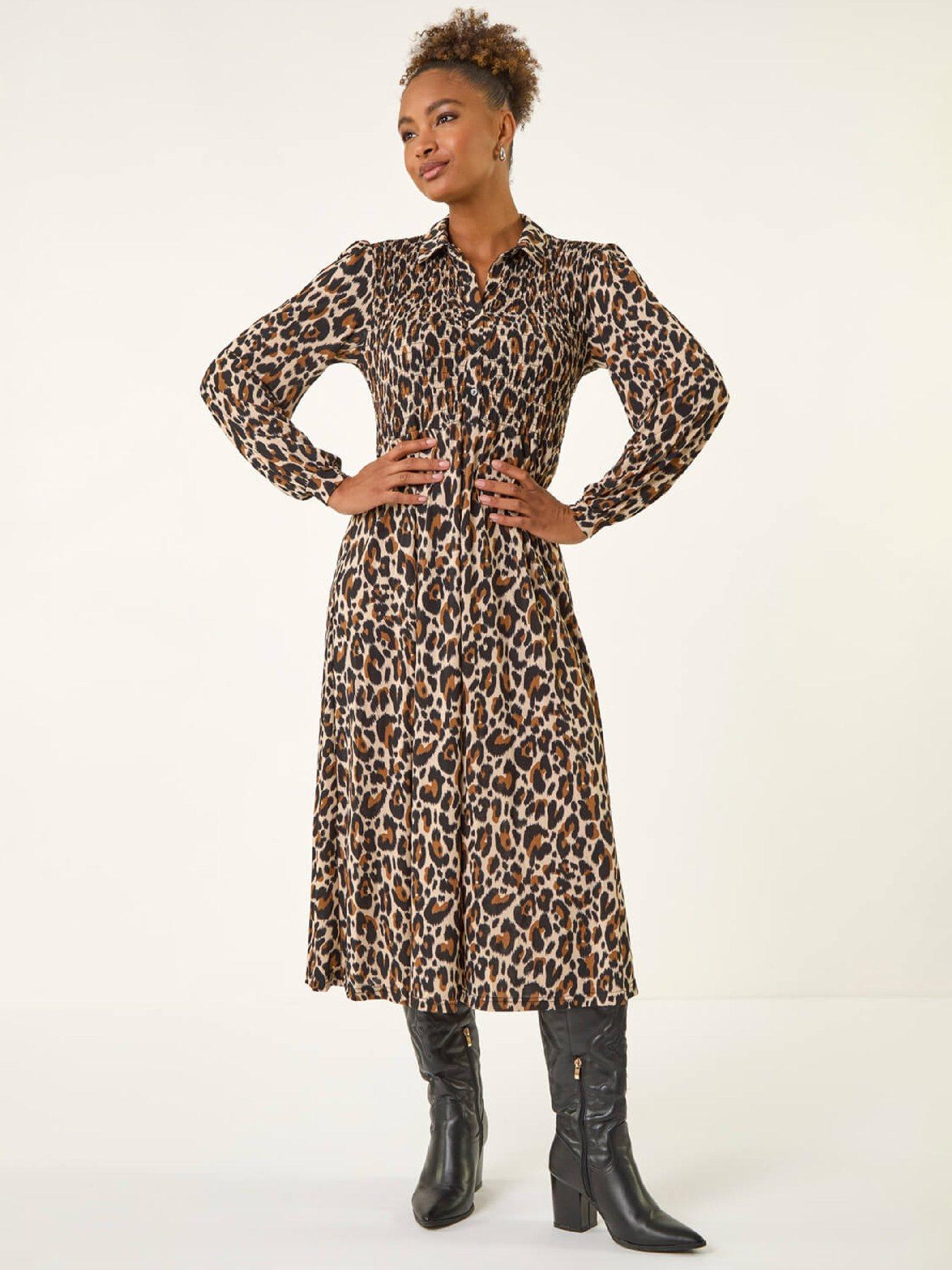 Roman Animal Print Shirred Midi Dress, Brown, Size 12, Women