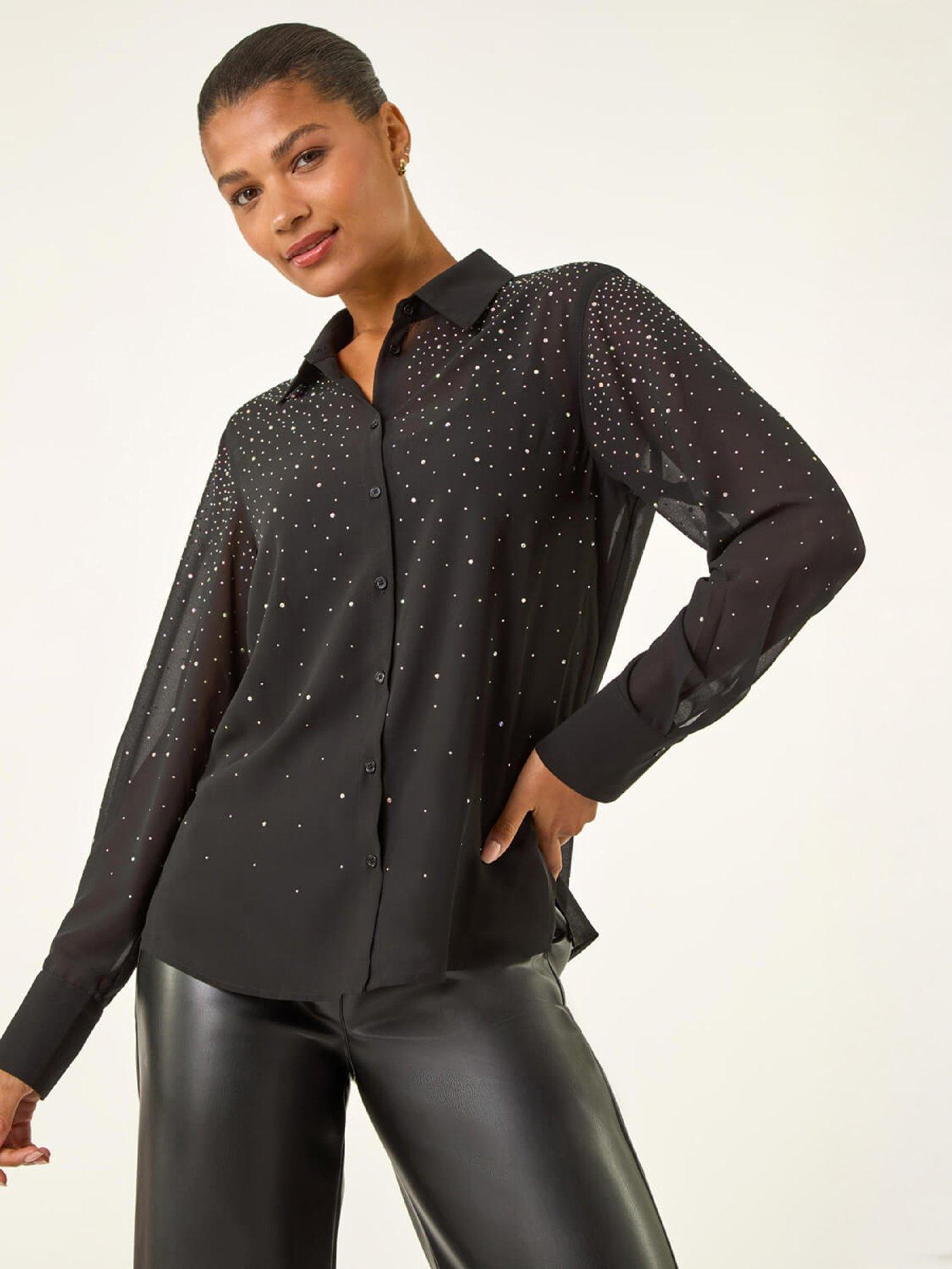 Roman Diamante Hotfix Button Blouse - Black