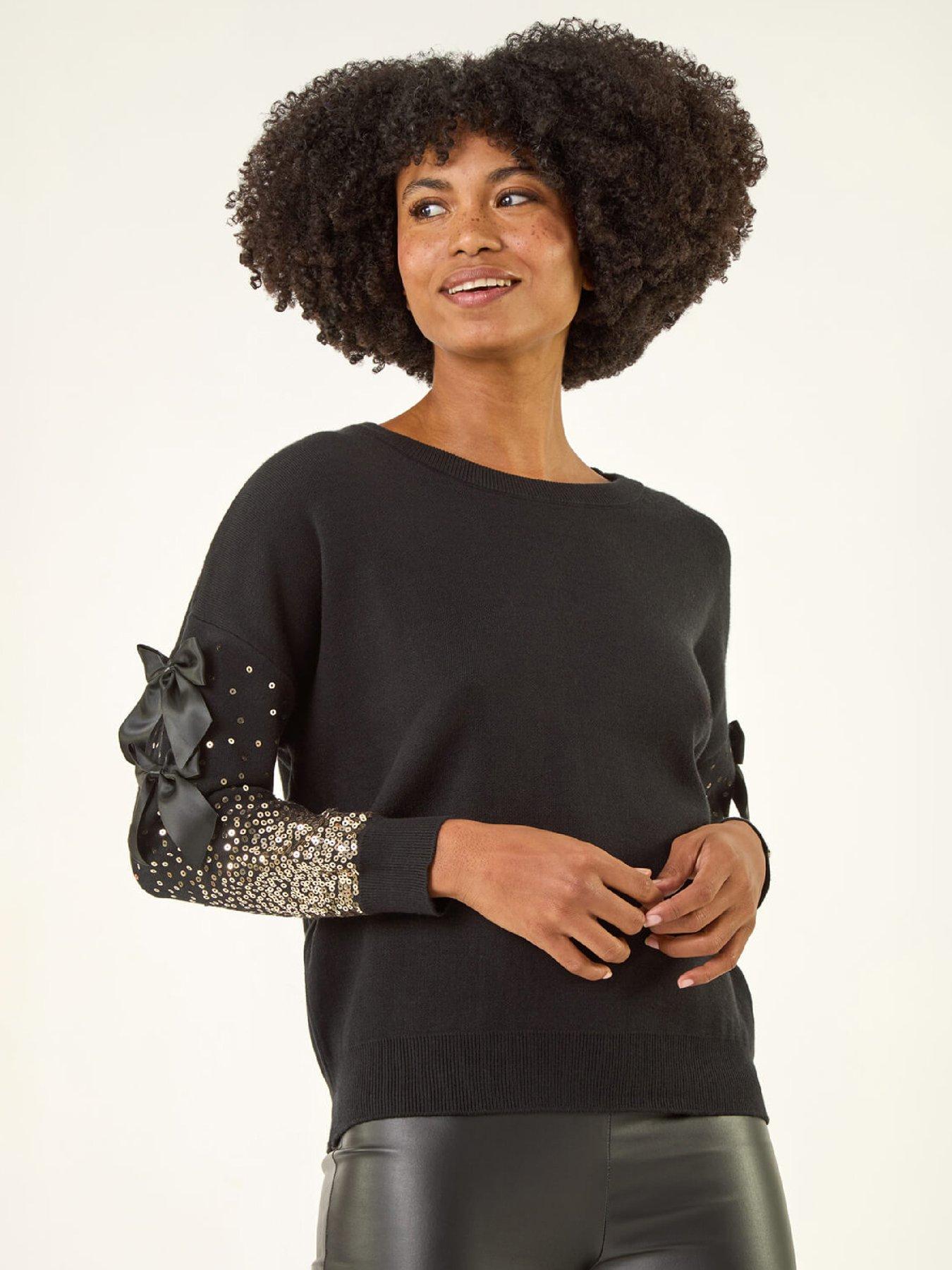 Roman Sequin Bow Sleeve Knit Jumper, Black, Size M-L, Women