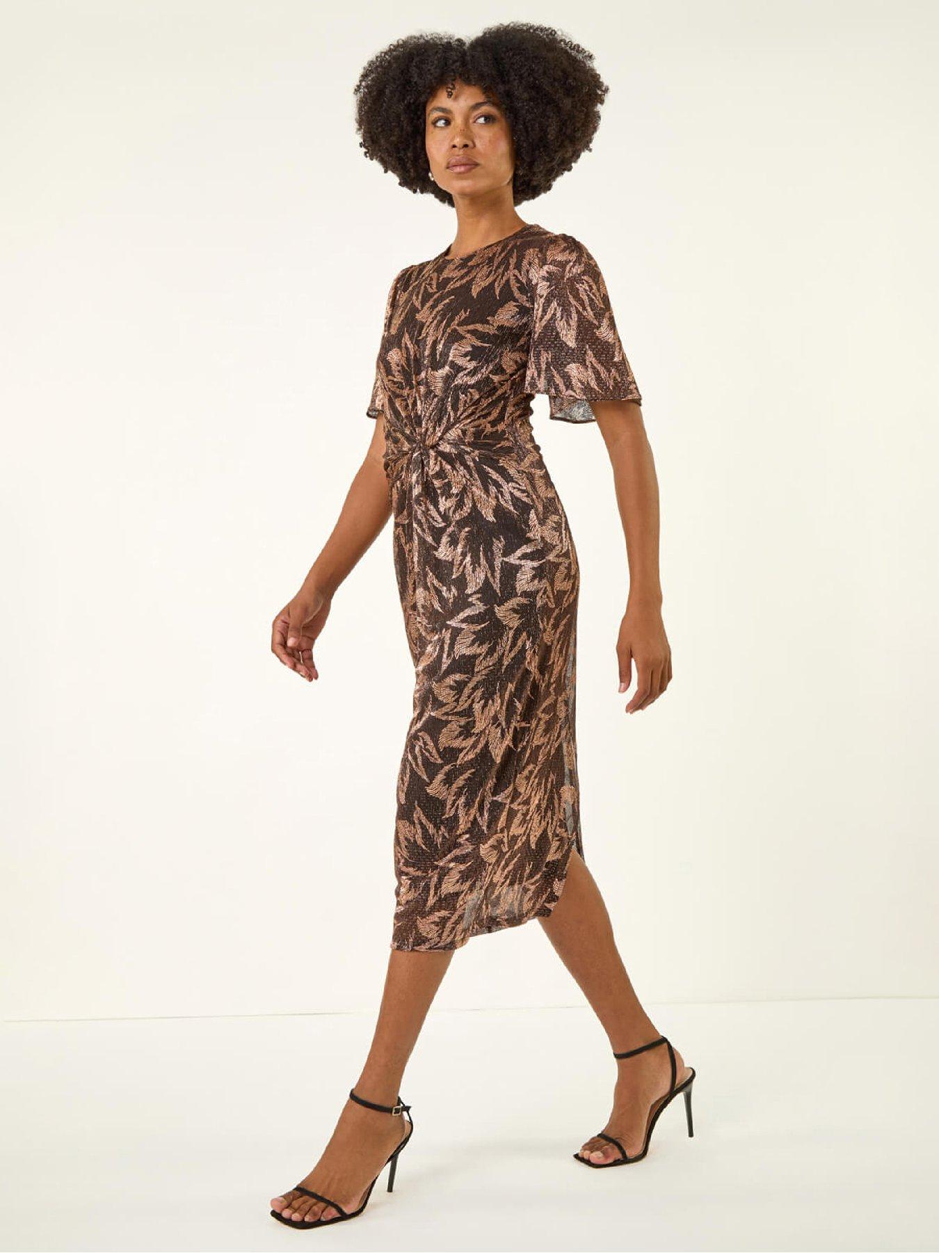 Roman Foil Print Twist Front Midi Dress - Bronze